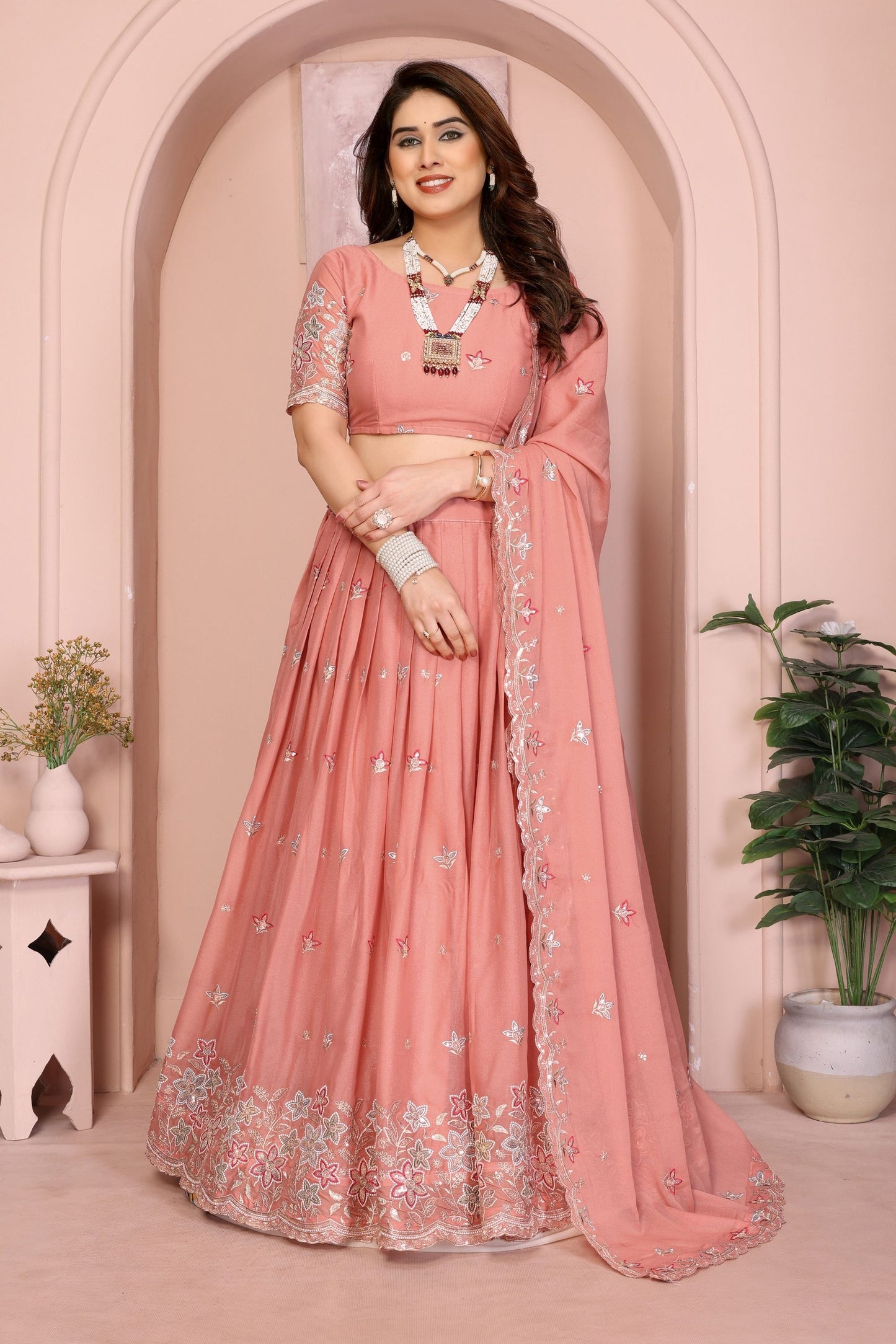 Peach Pink Floral Embroidered Lehenga Choli with Dupatta Silk Blend Wedding Festive Wear