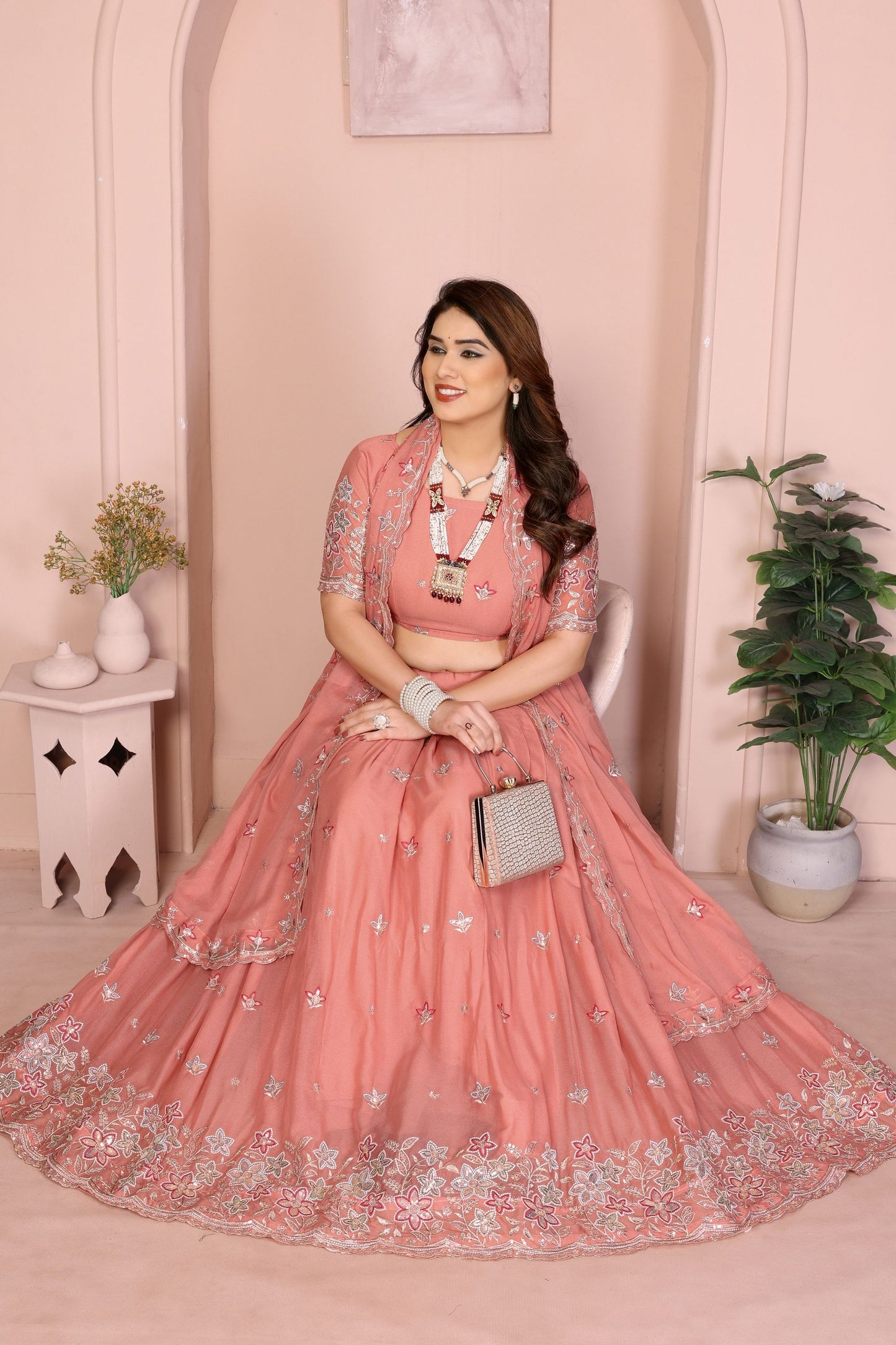 Peach Pink Floral Embroidered Lehenga Choli with Dupatta Silk Blend Wedding Festive Wear