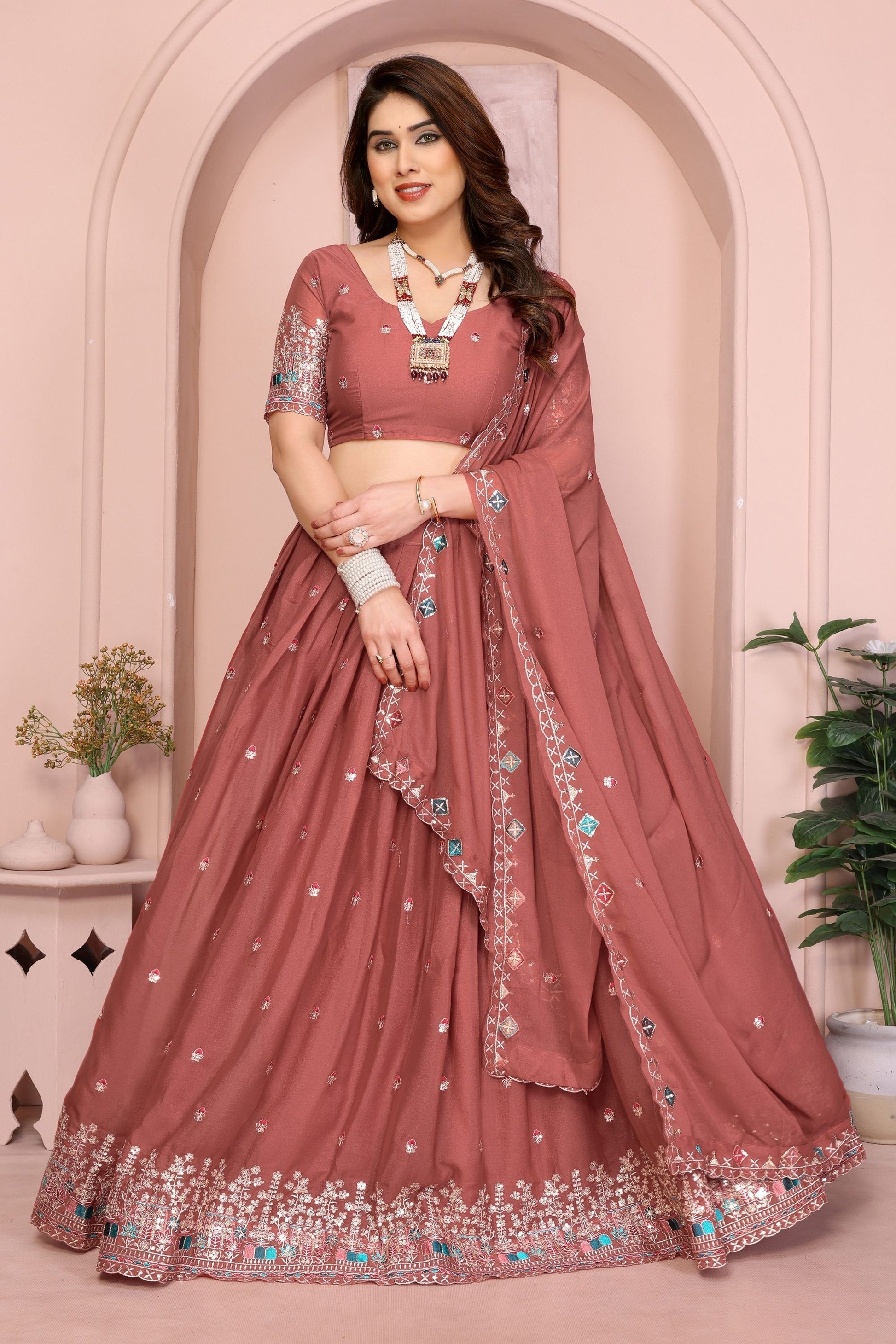 Rust Brown Floral Embroidered Lehenga Choli with Dupatta Silk Blend Traditional Festive Wear