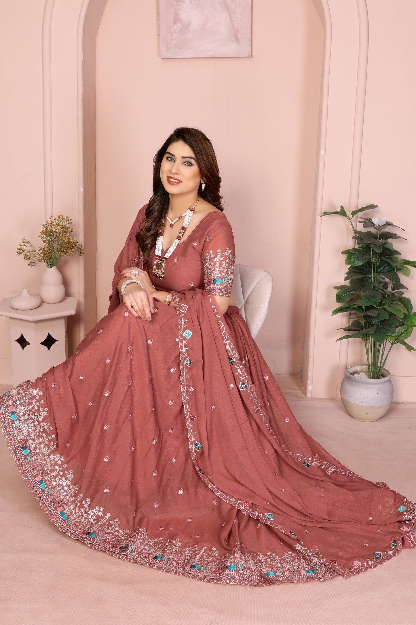 Rust Brown Floral Embroidered Lehenga Choli with Dupatta Silk Blend Traditional Festive Wear