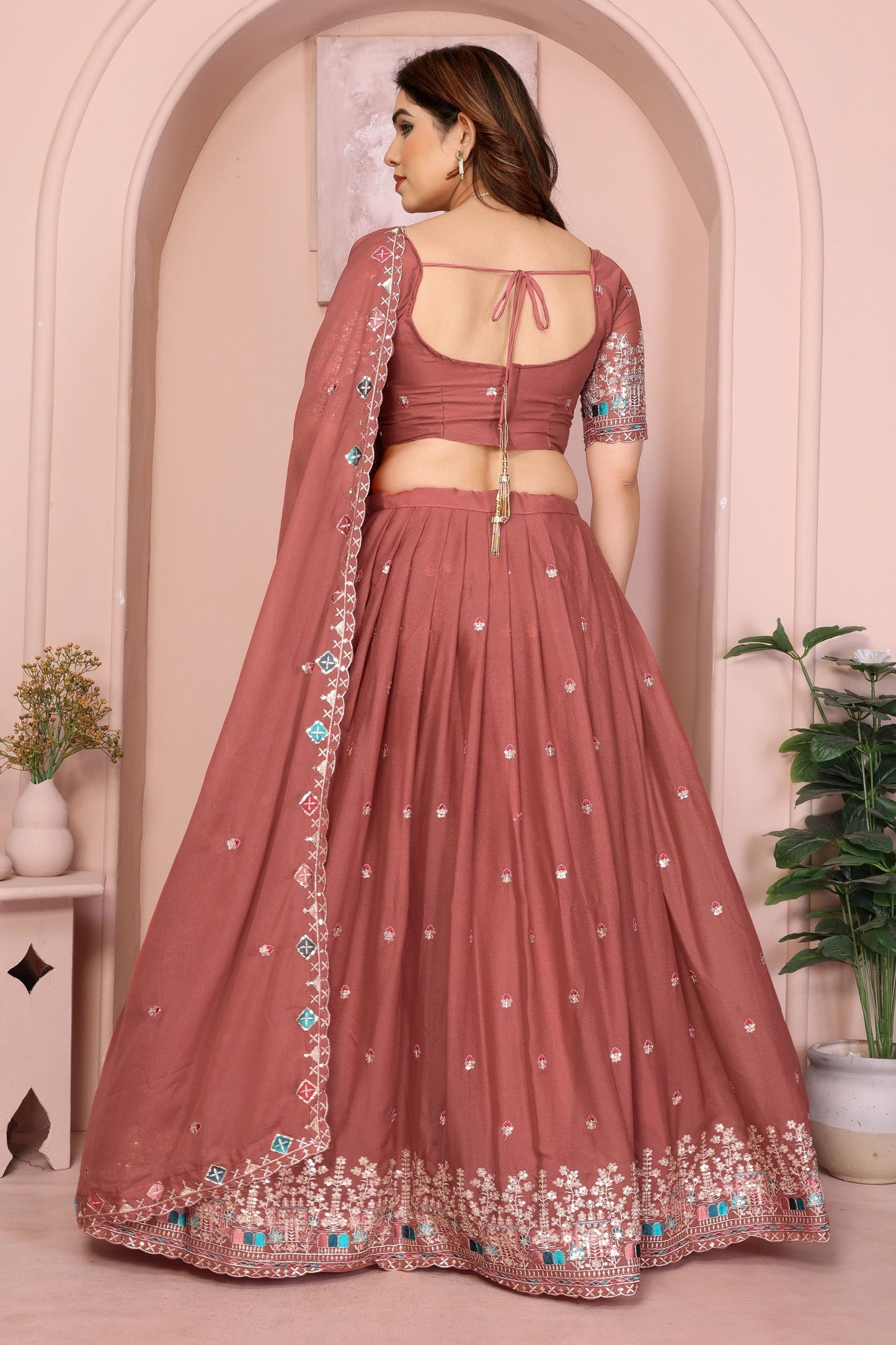 Rust Brown Floral Embroidered Lehenga Choli with Dupatta Silk Blend Traditional Festive Wear