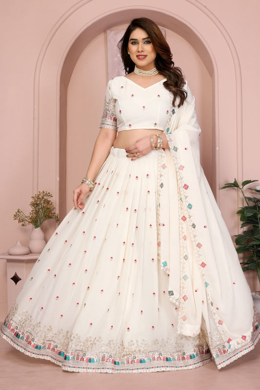 Ivory White Embroidered Lehenga Choli with Dupatta Silk Blend Wedding Festive Wear