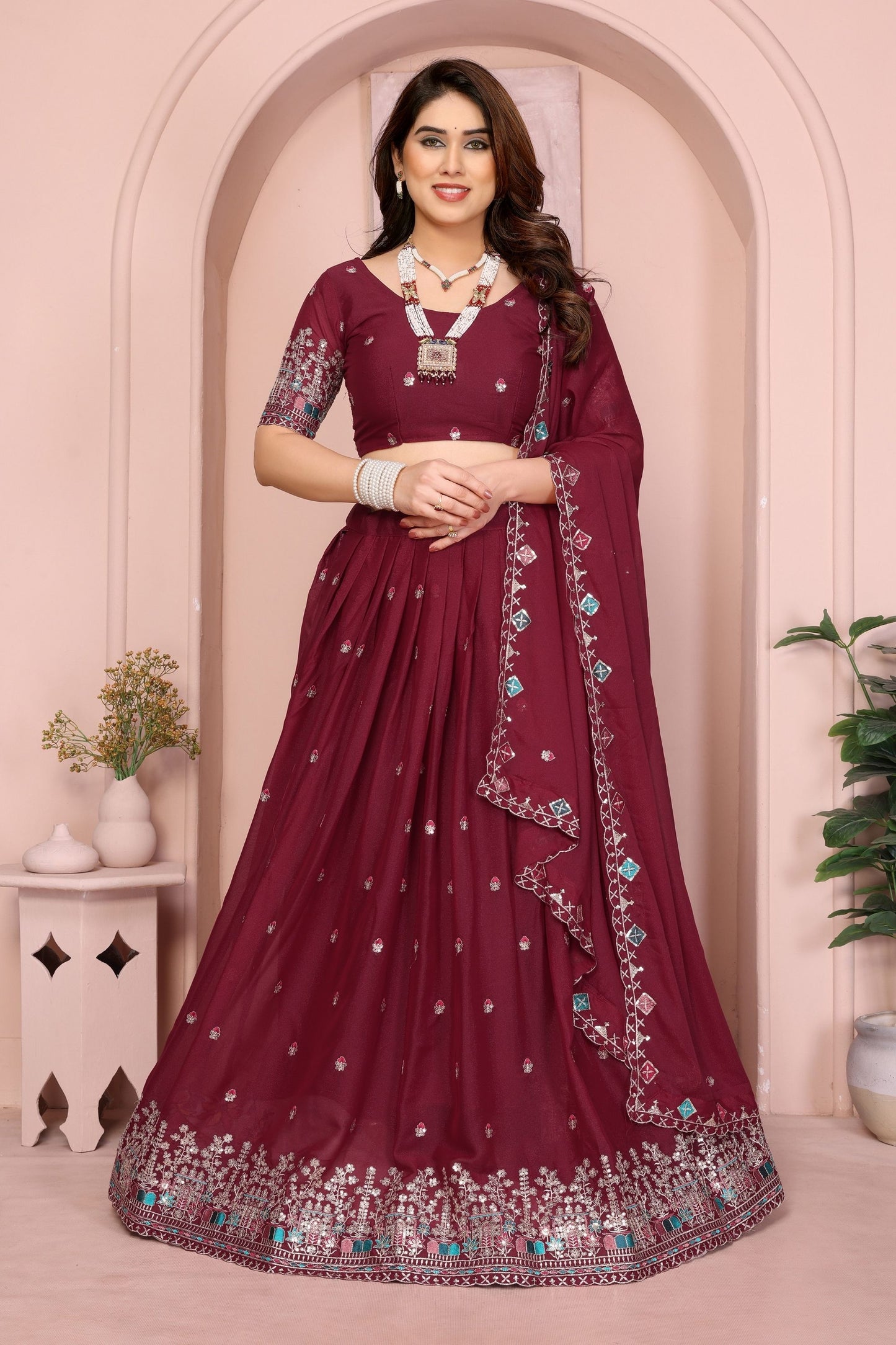 Elegant Maroon Embroidered Lehenga Choli with Dupatta Wedding Festive Wear