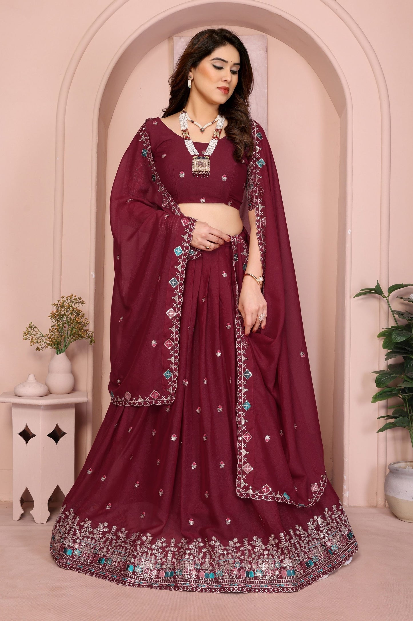 Elegant Maroon Embroidered Lehenga Choli with Dupatta Wedding Festive Wear