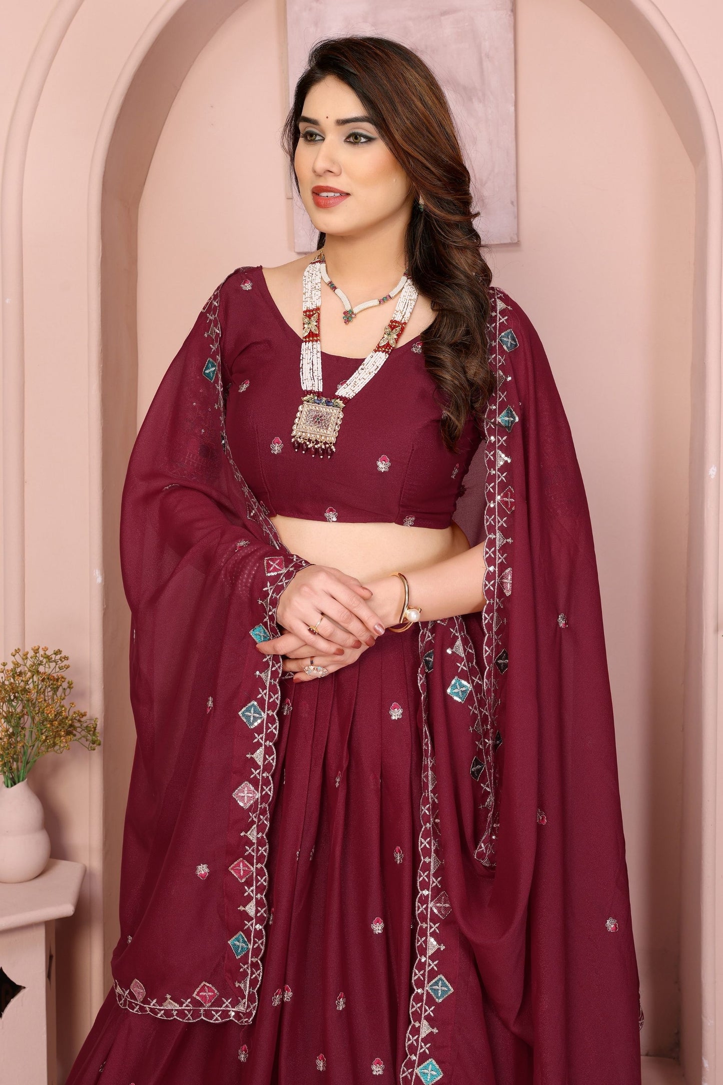 Elegant Maroon Embroidered Lehenga Choli with Dupatta Wedding Festive Wear