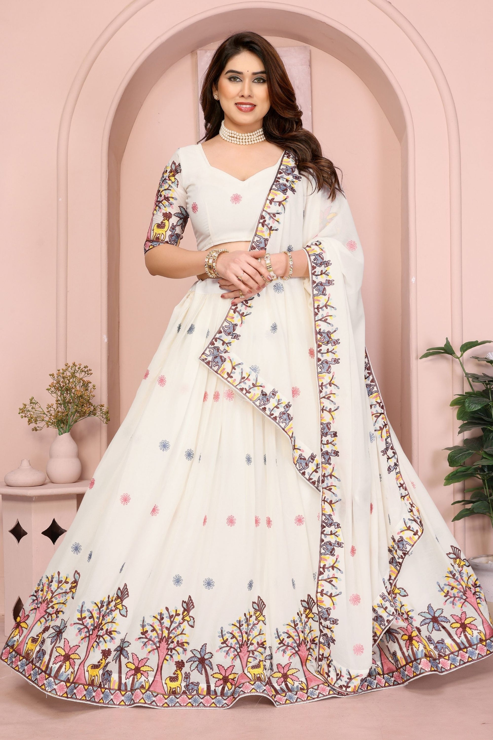 Elegant Off White Embroidered Lehenga Choli with Colorful Floral Animal Motifs Designer Festive Wedding Wear with Dupatta