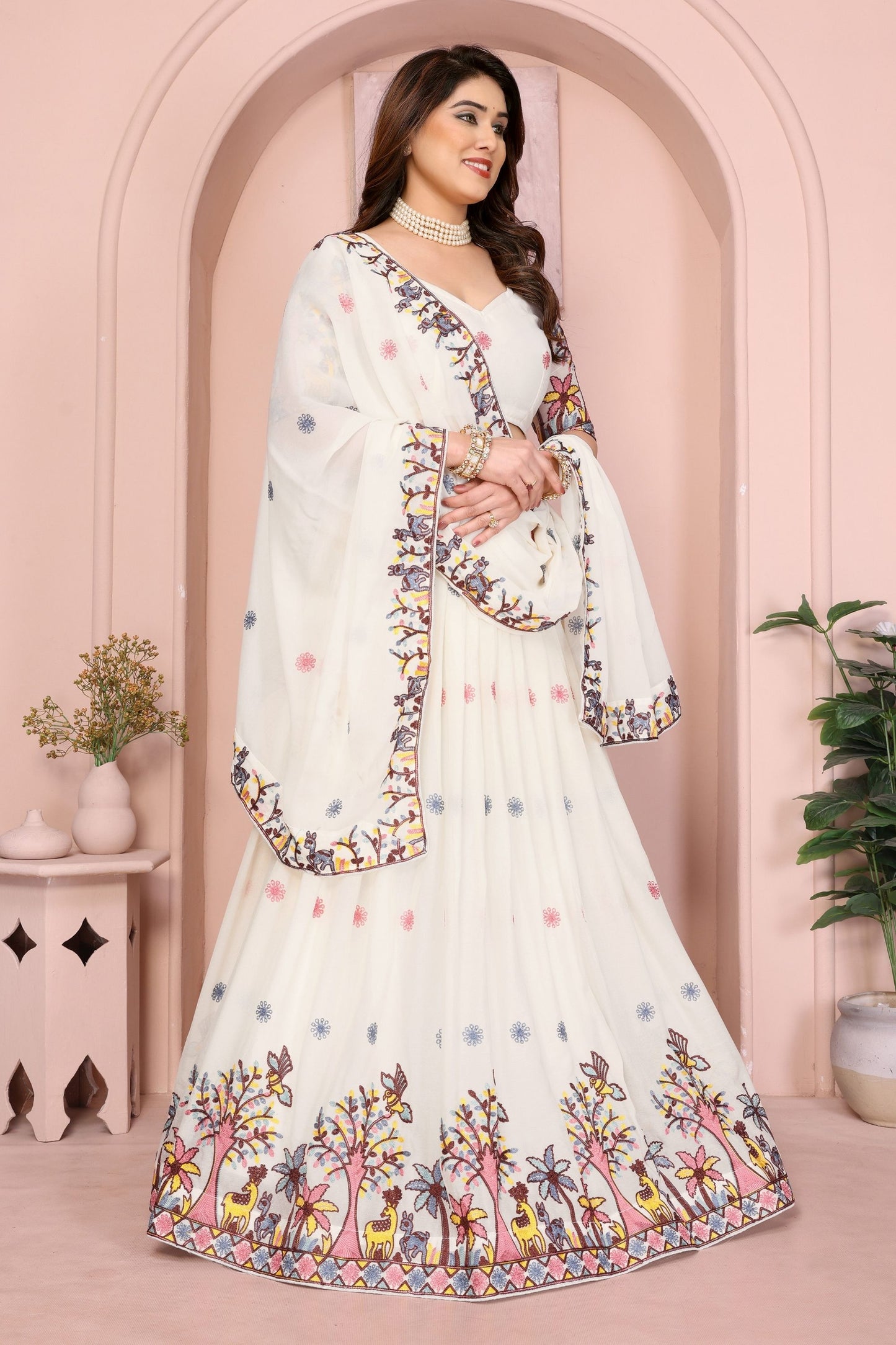 Elegant Off White Embroidered Lehenga Choli with Colorful Floral Animal Motifs Designer Festive Wedding Wear with Dupatta