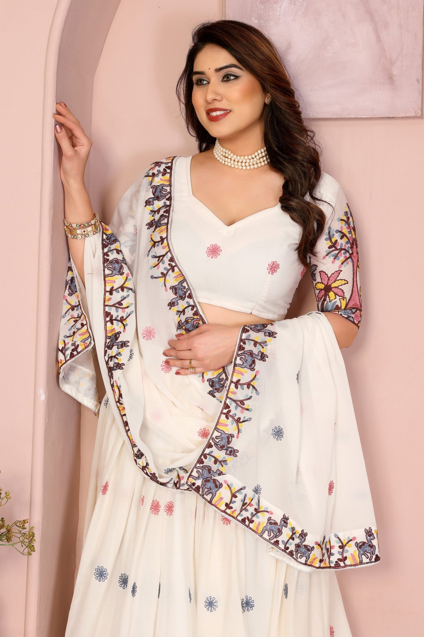 Elegant Off White Embroidered Lehenga Choli with Colorful Floral Animal Motifs Designer Festive Wedding Wear with Dupatta