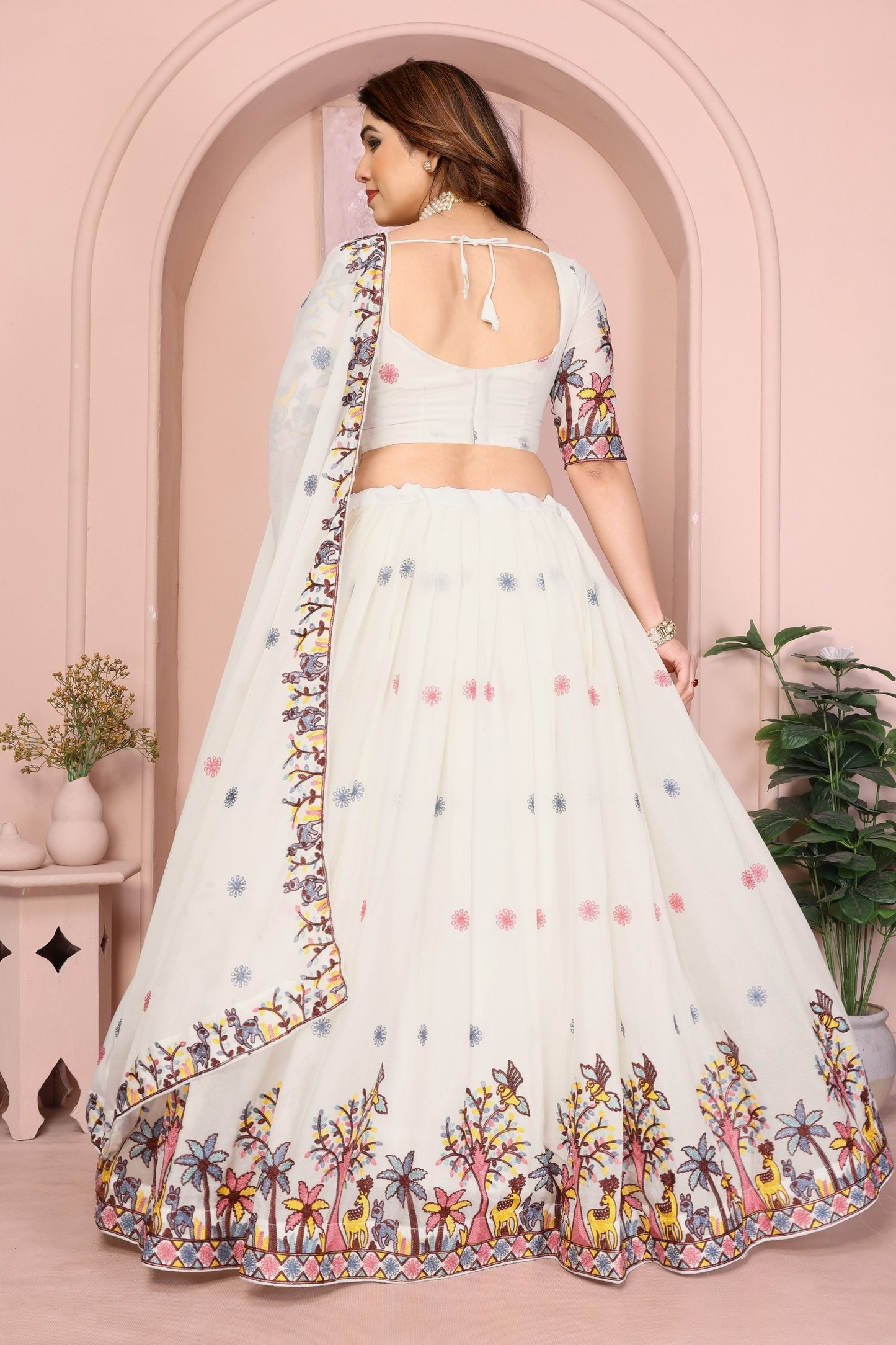 Elegant Off White Embroidered Lehenga Choli with Colorful Floral Animal Motifs Designer Festive Wedding Wear with Dupatta