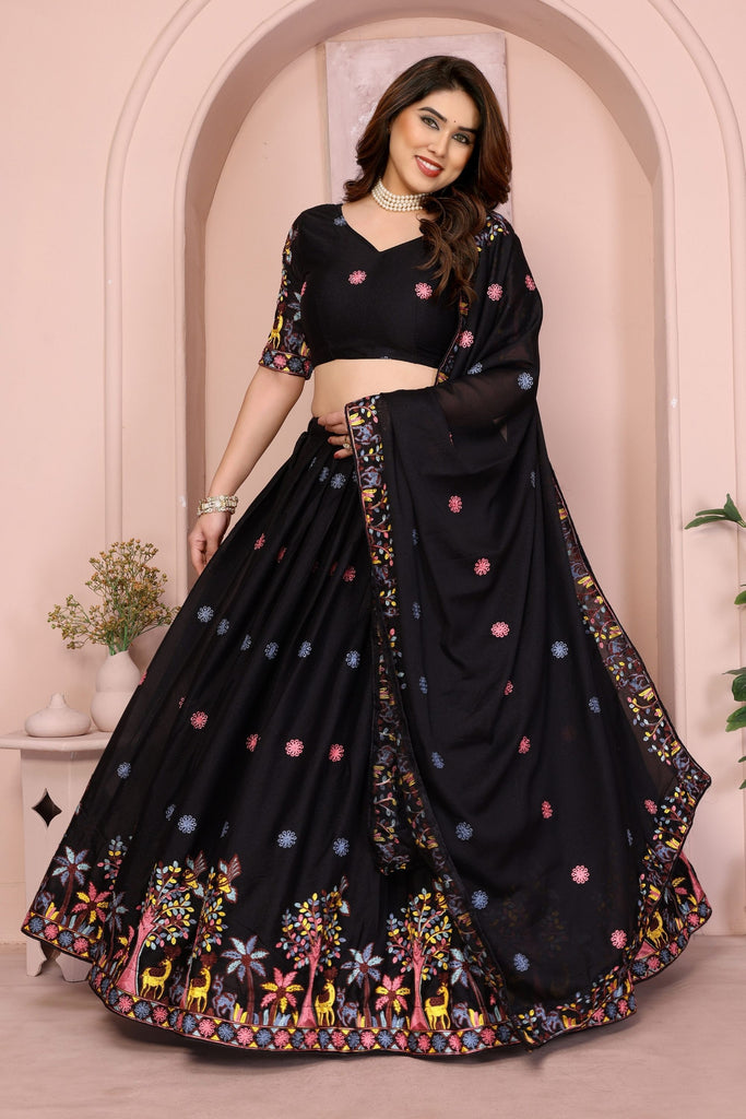 Black Embroidered Lehenga Choli with Colorful Floral Animal Motifs Designer Festive Wedding Wear