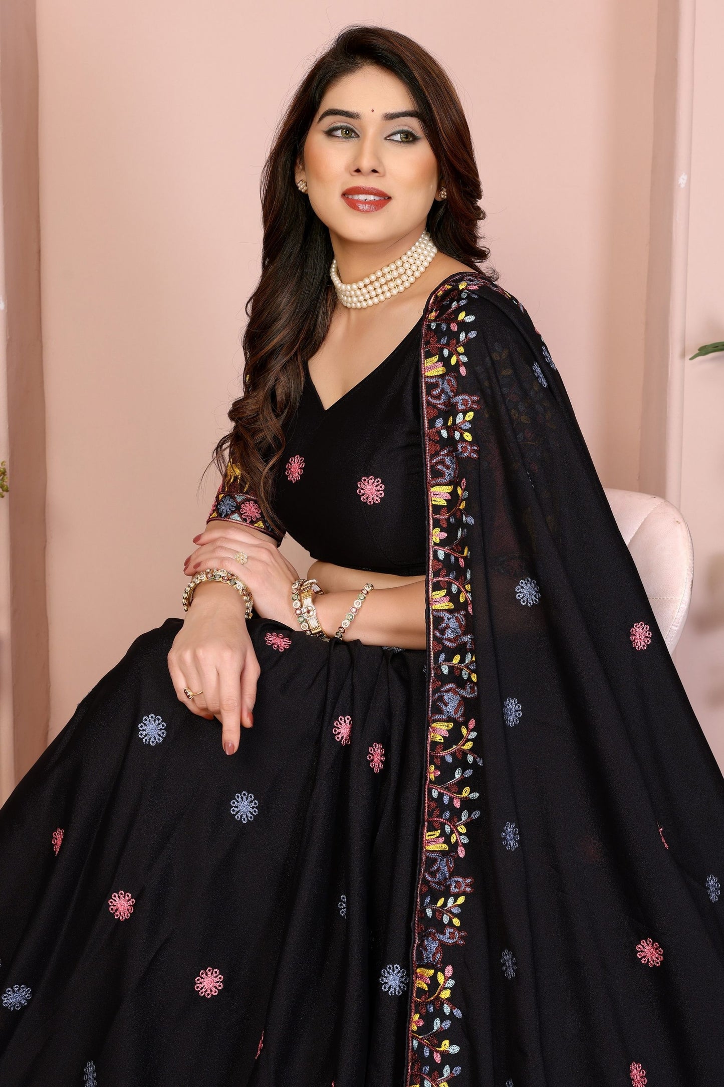 Black Embroidered Lehenga Choli with Colorful Floral Animal Motifs Designer Festive Wedding Wear