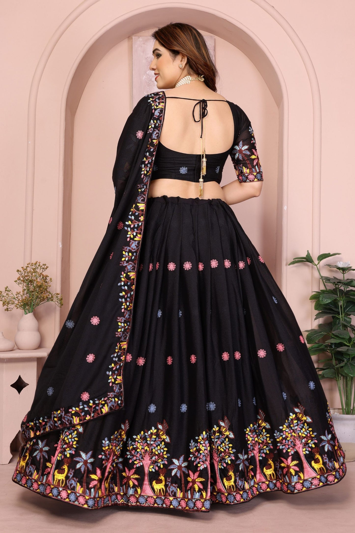 Black Embroidered Lehenga Choli with Colorful Floral Animal Motifs Designer Festive Wedding Wear