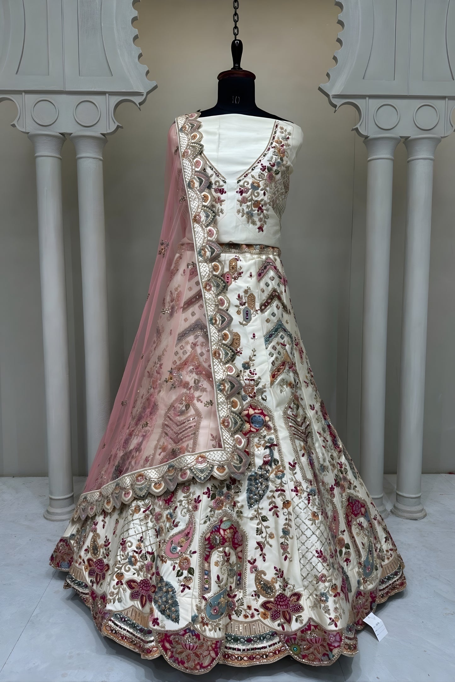 Grateful White Embroidered Silk Bridal Lehenga Choli with Net Dupatta