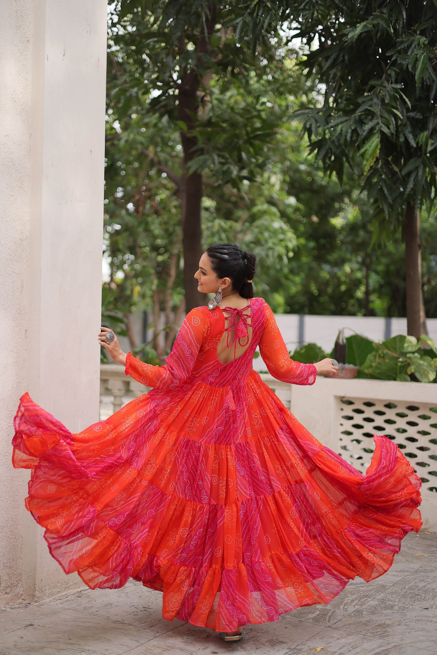 Traditional Red Bandhani Gown with Embroidered Mirror Work Koti
