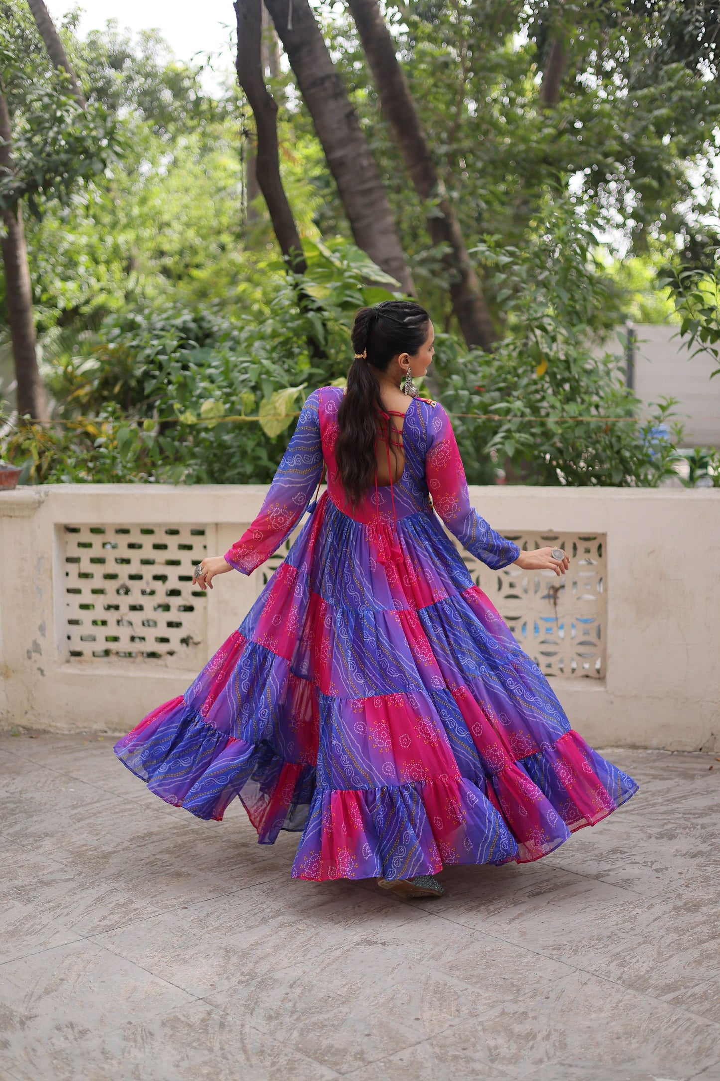 Festive Blue and Pink Bandhani Gown with Embroidered Mirror Work Koti
