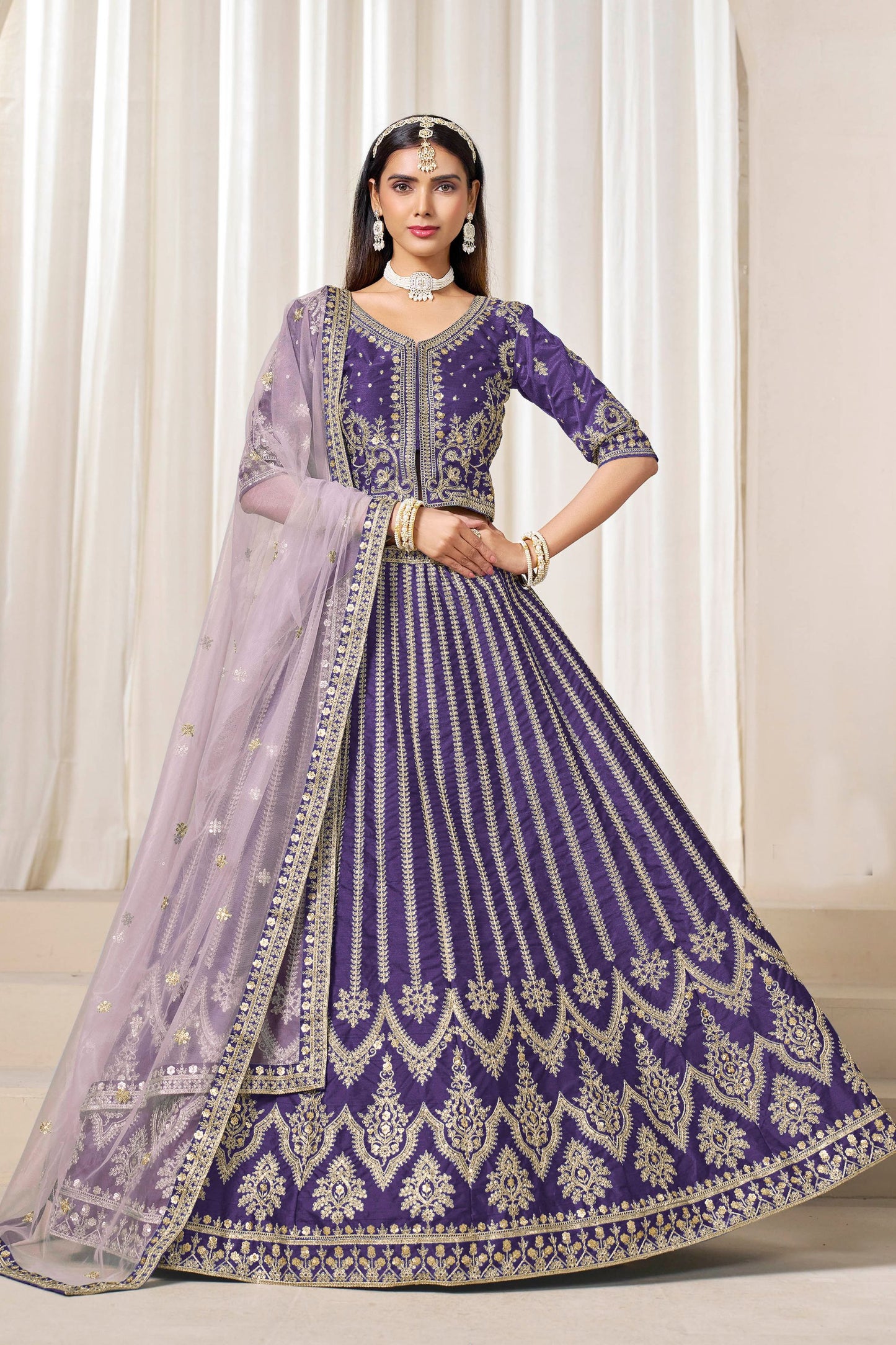 Stunning Purple Art Silk Bridal Lehenga Choli with Heavy Golden Embroidery and Net Dupatta (Copy)