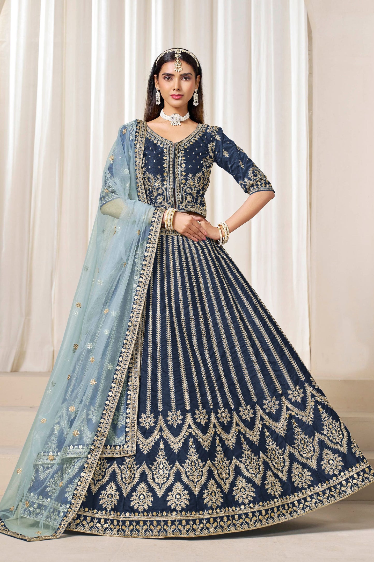Navy Blue Art Silk Bridal Lehenga Choli with Heavy Golden Embroidery and Net Dupatta