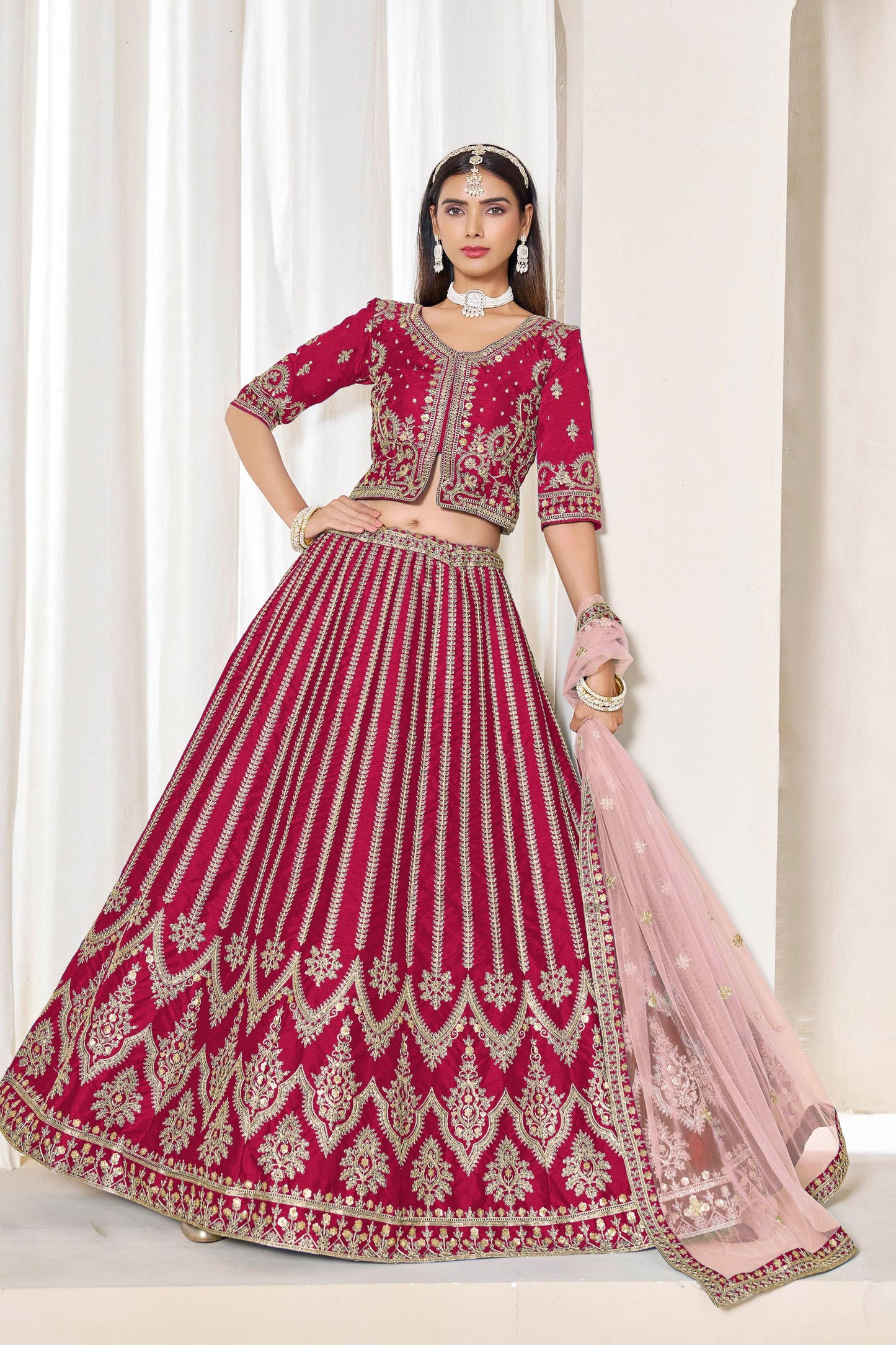 Superb Rani Pink Art Silk Bridal Lehenga Choli with Heavy Golden Embroidery and Net Dupatta
