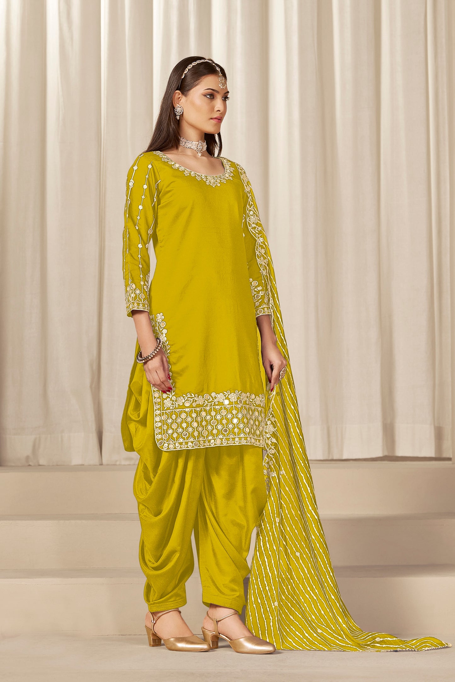 Stylish Mustard Yellow Embroidered Punjabi Patiala Suit with Dupatta