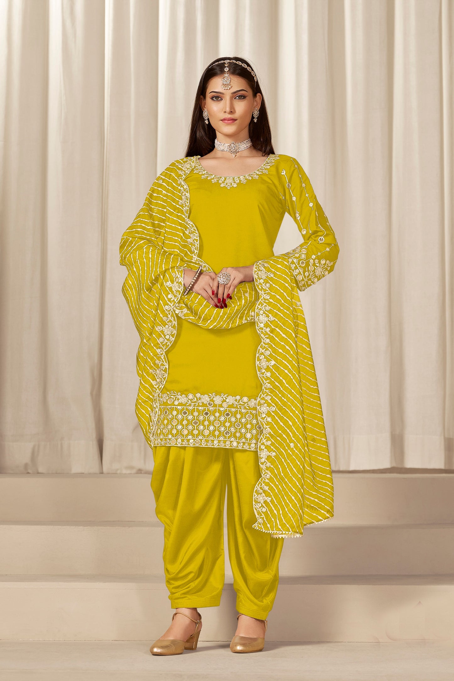 Stylish Mustard Yellow Embroidered Punjabi Patiala Suit with Dupatta