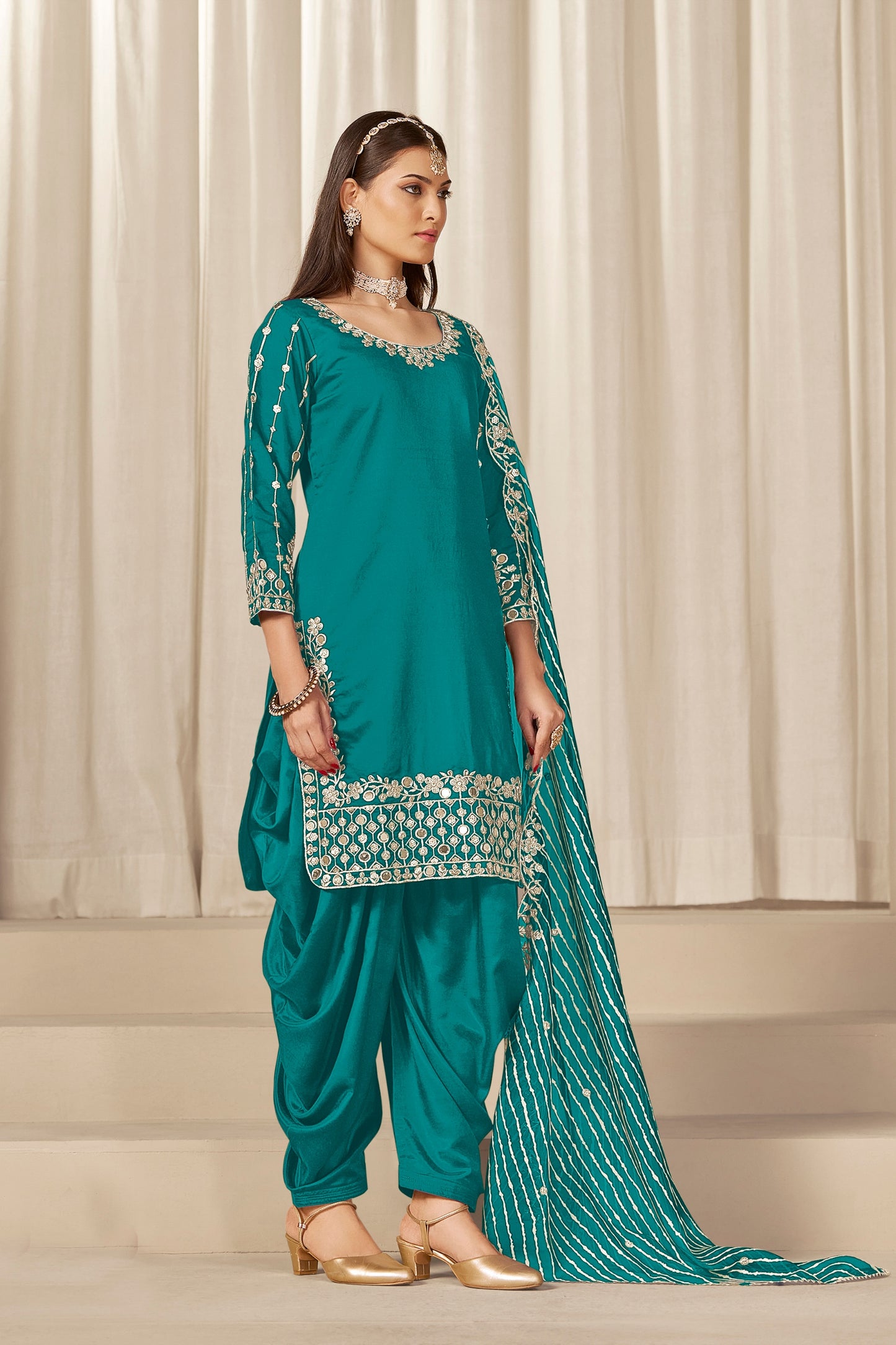 Fancy Rama Green Embroidered Punjabi Patiala Suit with Dupatta
