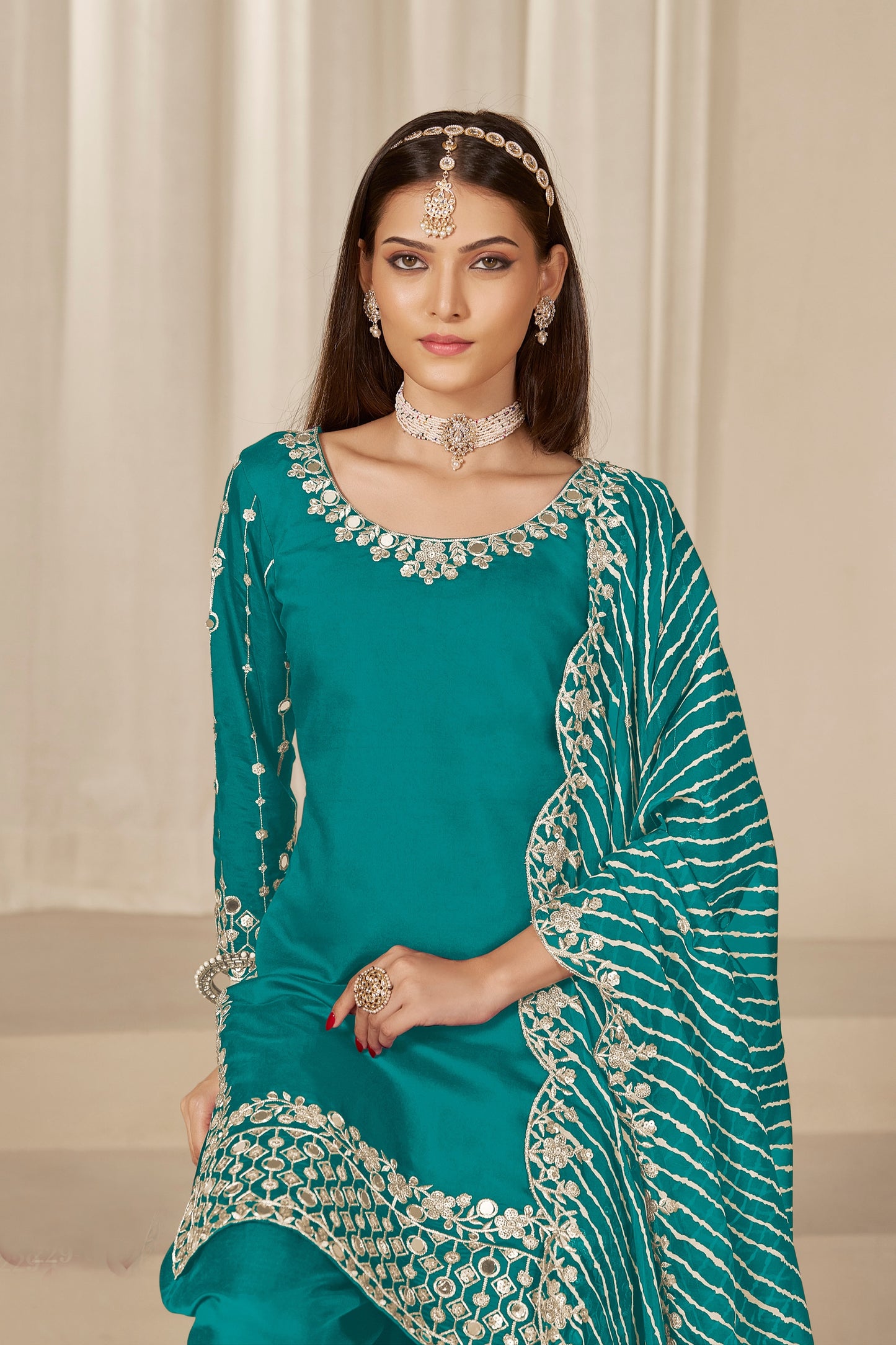 Fancy Rama Green Embroidered Punjabi Patiala Suit with Dupatta