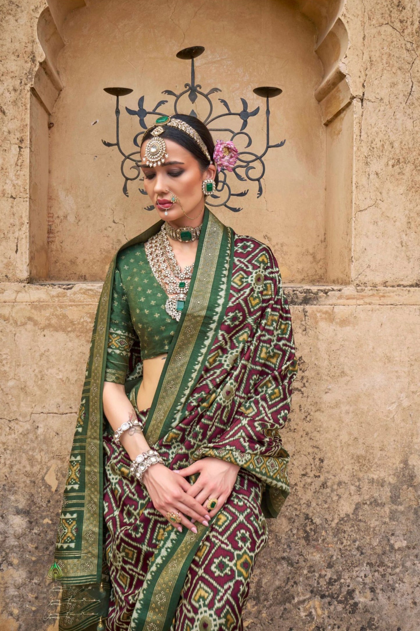 Green Maroon Patola Silk Saree with Traditional Geometric Weaving Zari Border