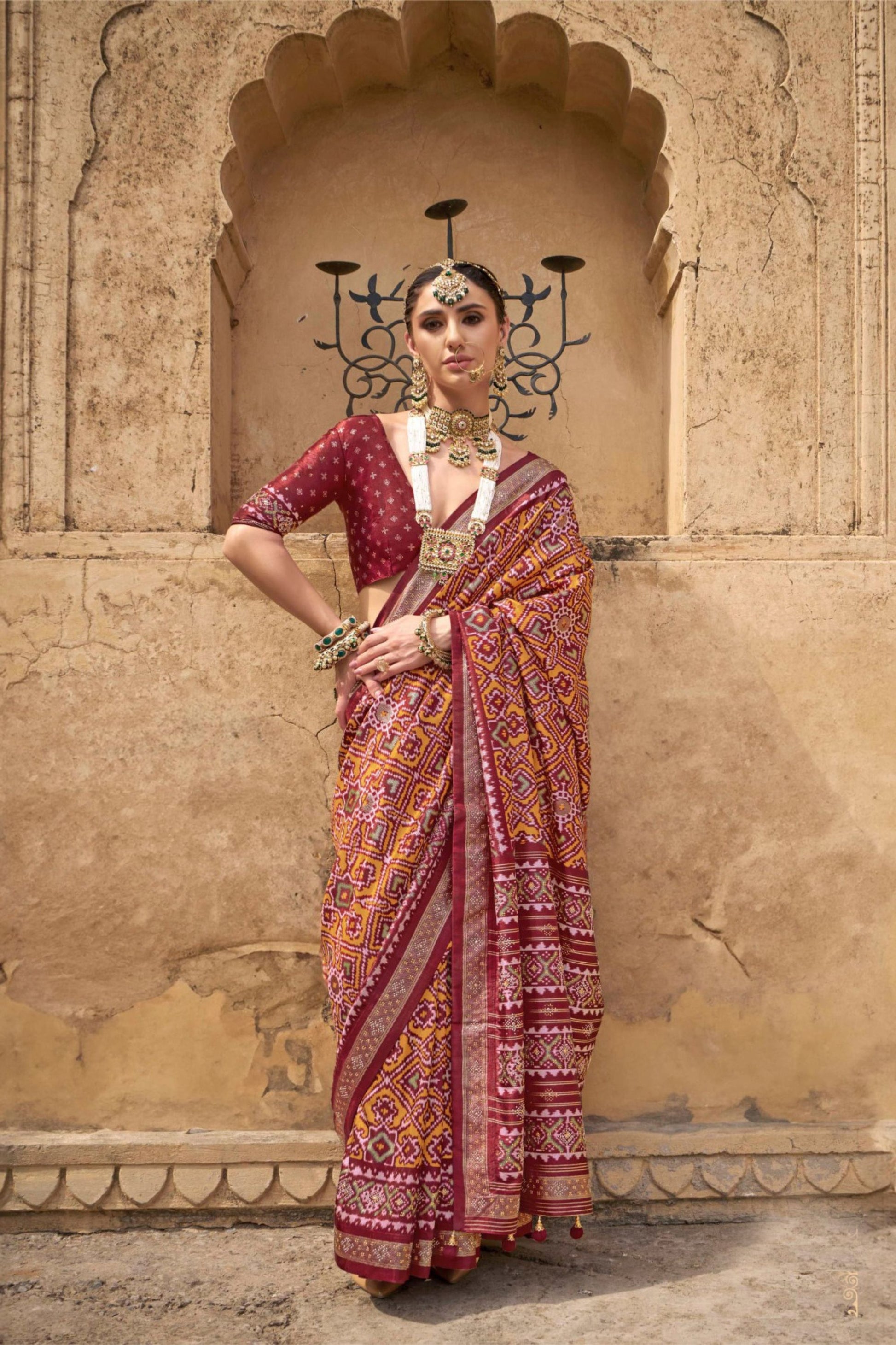 Maroon Mustard Patola Silk Saree with Zari Border