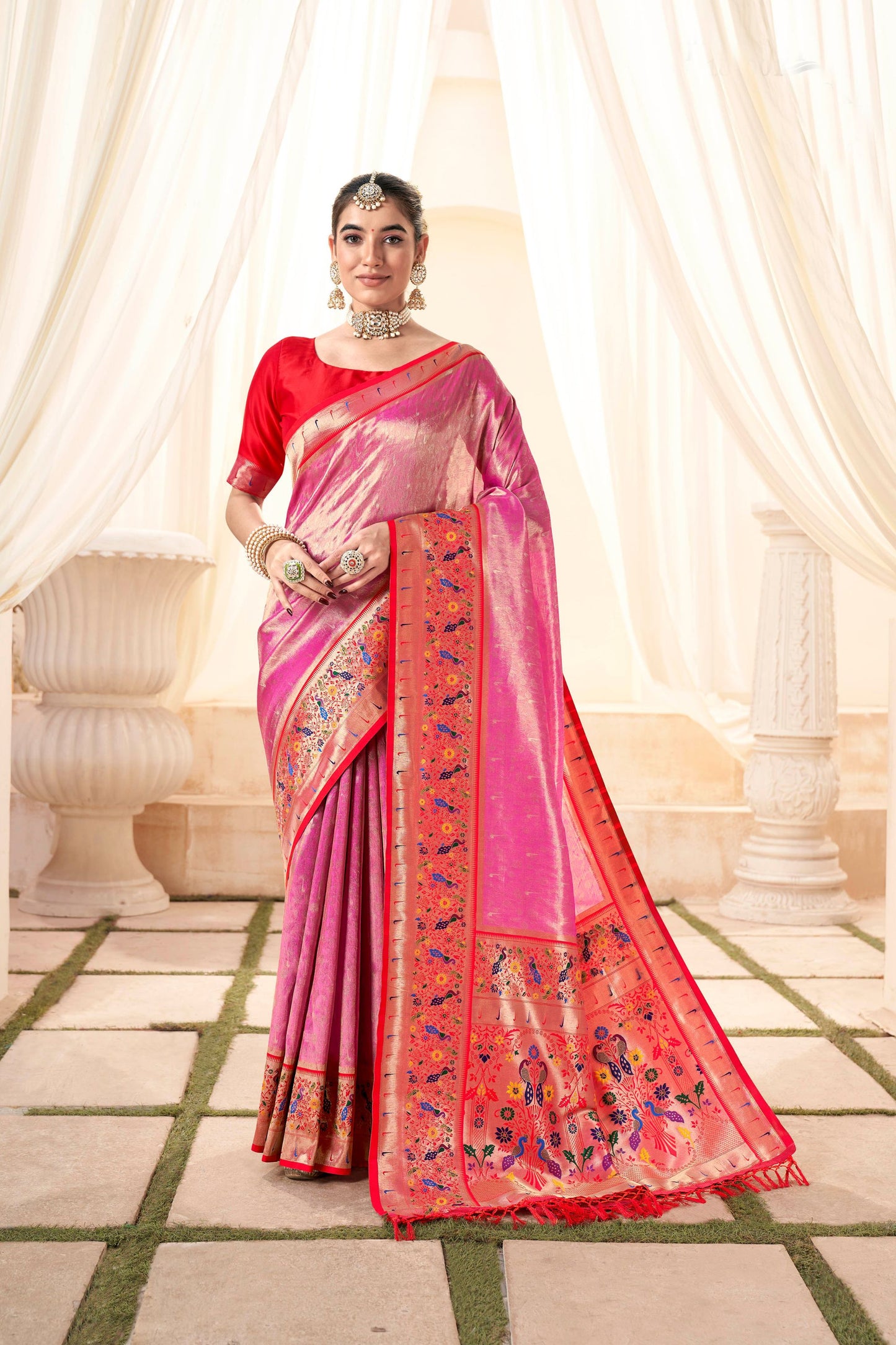 Pink Banarasi Silk Saree with Contrast Red Blouse Festive Wear Saree