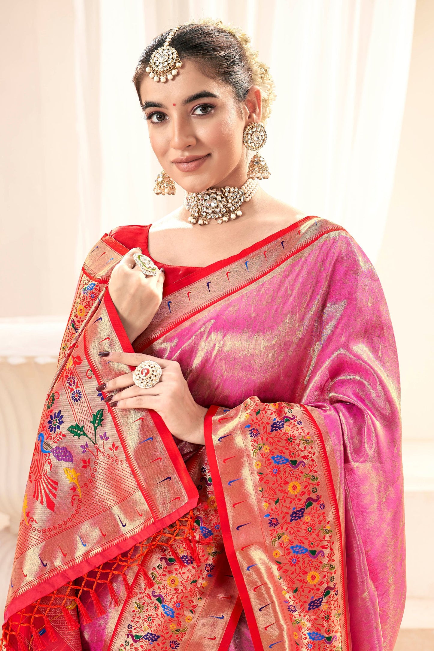 Pink Banarasi Silk Saree with Contrast Red Blouse Festive Wear Saree