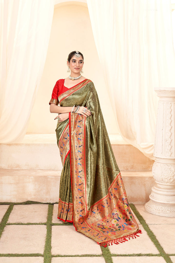 Elegant Olive Green Banarasi Silk Saree  Party Wear Saree