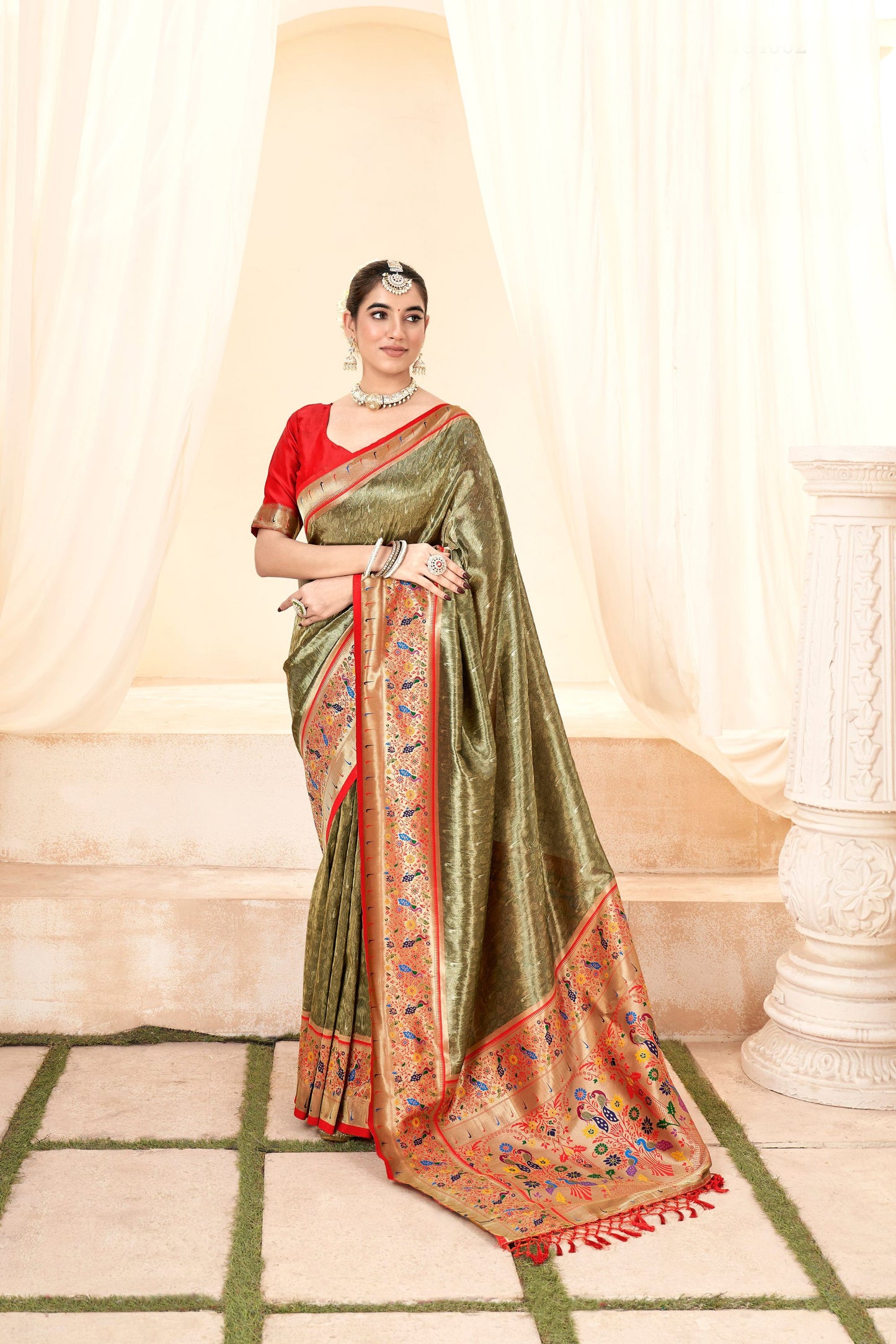 Elegant Olive Green Banarasi Silk Saree Party Wear Saree