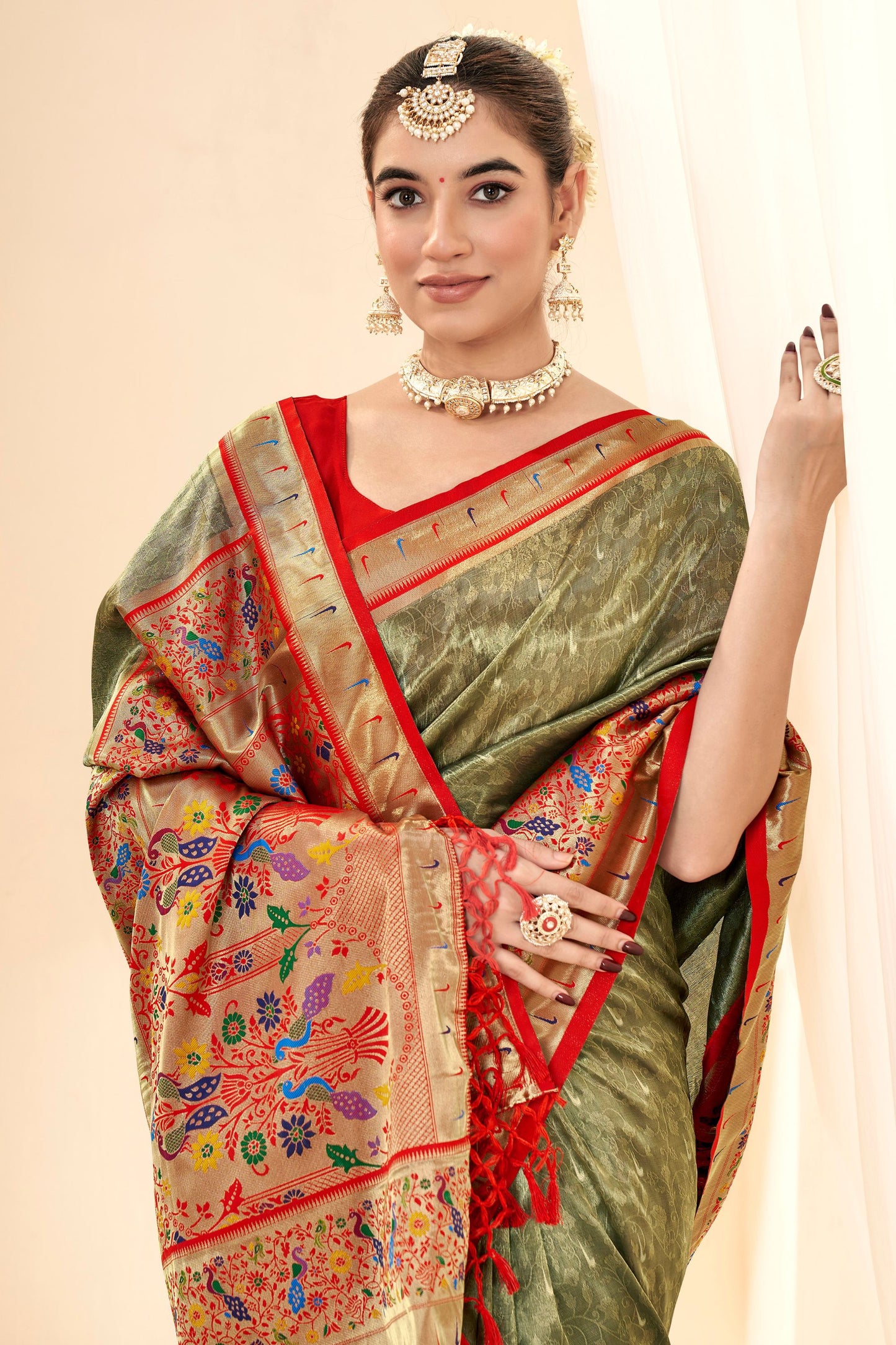 Elegant Olive Green Banarasi Silk Saree Party Wear Saree