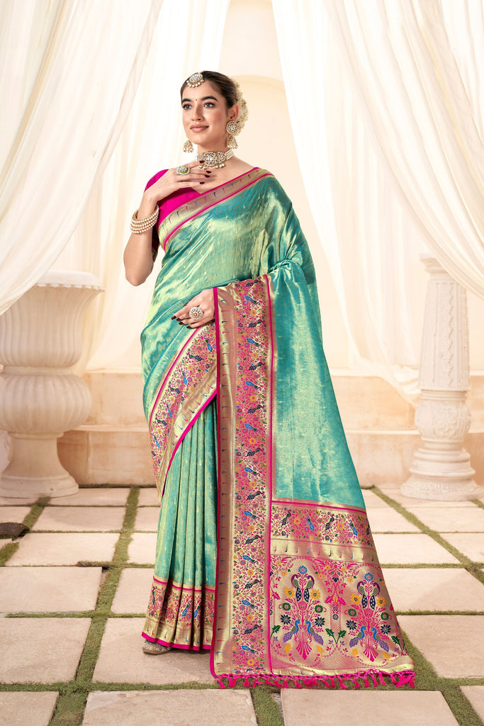 Turquoise Banarasi Silk Saree with Pink Zari Border Festive Wear