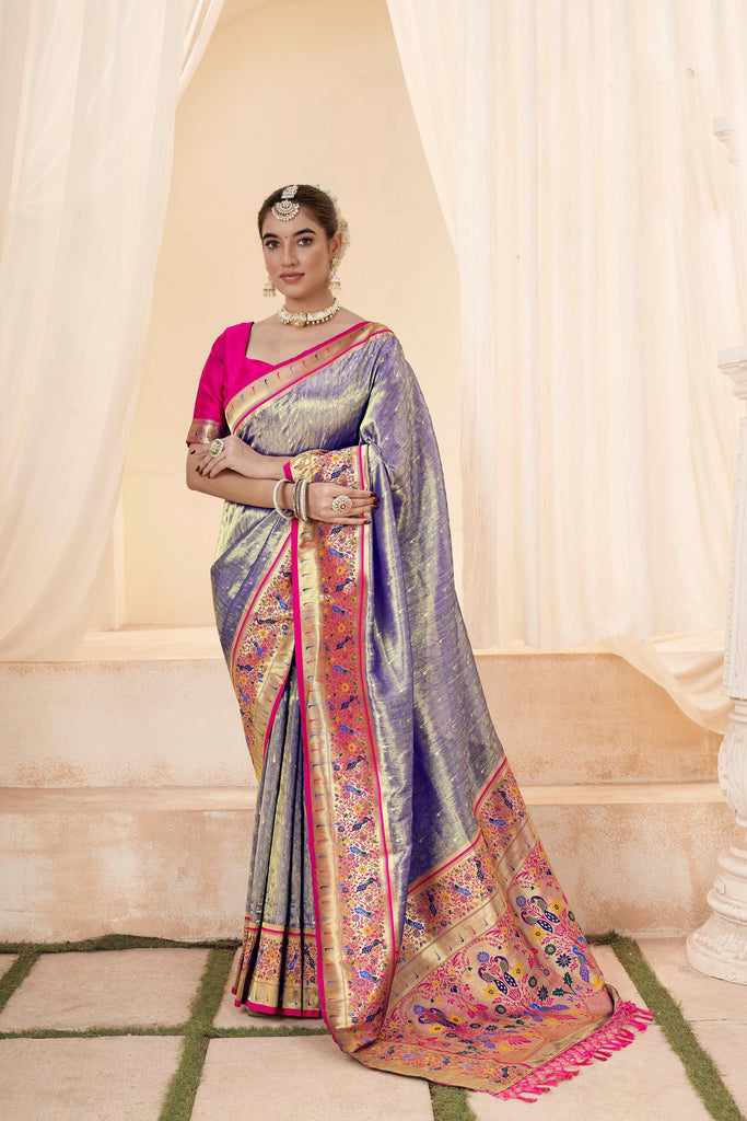 Purple Banarasi Silk Saree with Pink Zari Border Wedding and Festive Wear