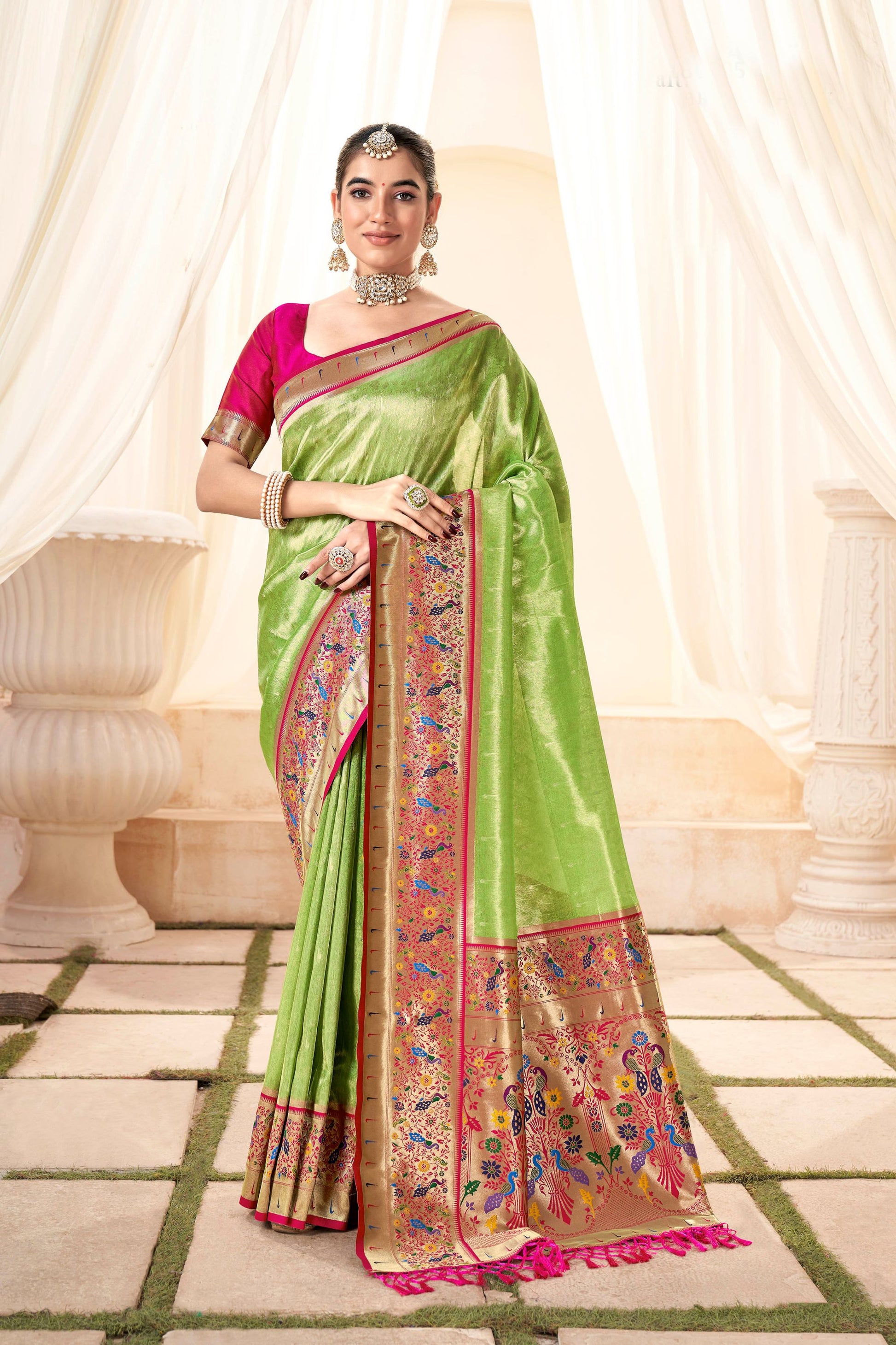 Elegant Green Banarasi Silk Saree with Pink Contrast Border