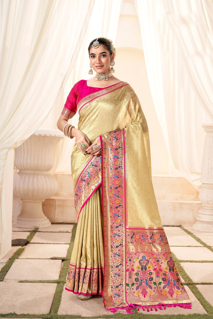 Elegant Golden Banarasi Silk Saree with Pink Contrast Blouse Festive Wear