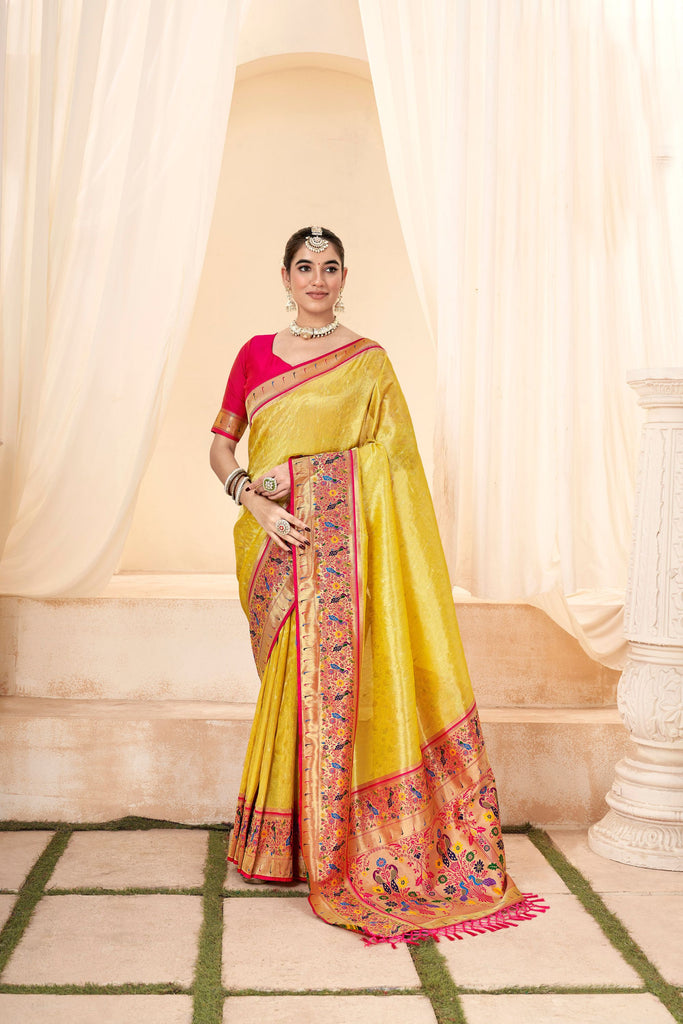 right Yellow Banarasi Silk Saree with Pink Contrast Blouse Festive Wear