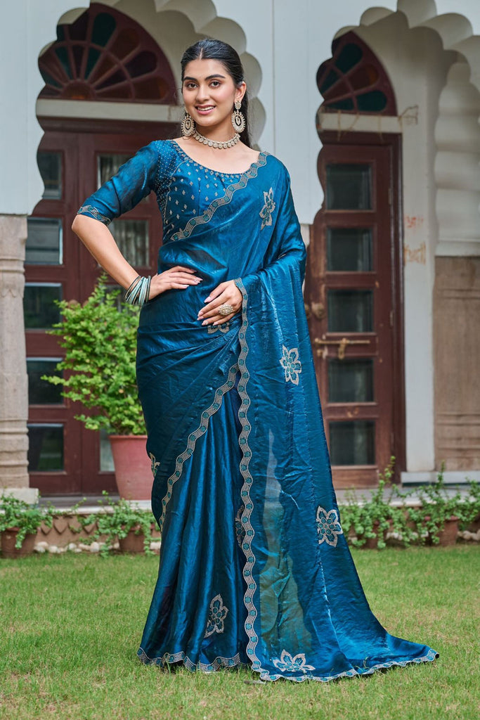 Teal Blue Silk Saree Motifs & Designer Border Elegant Party Wear Saree