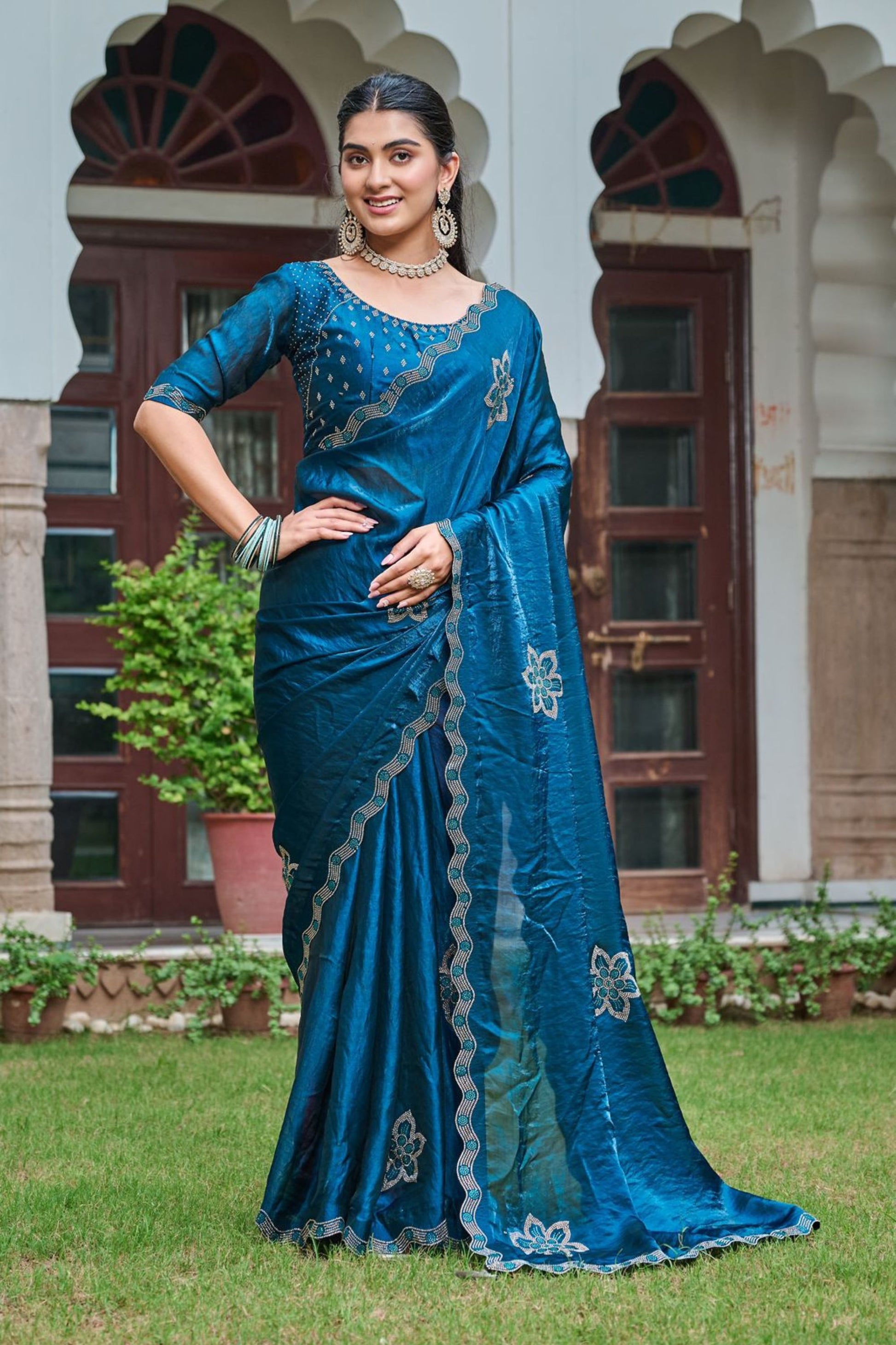 Teal Blue Silk Saree Motifs & Designer Border Elegant Party Wear Saree