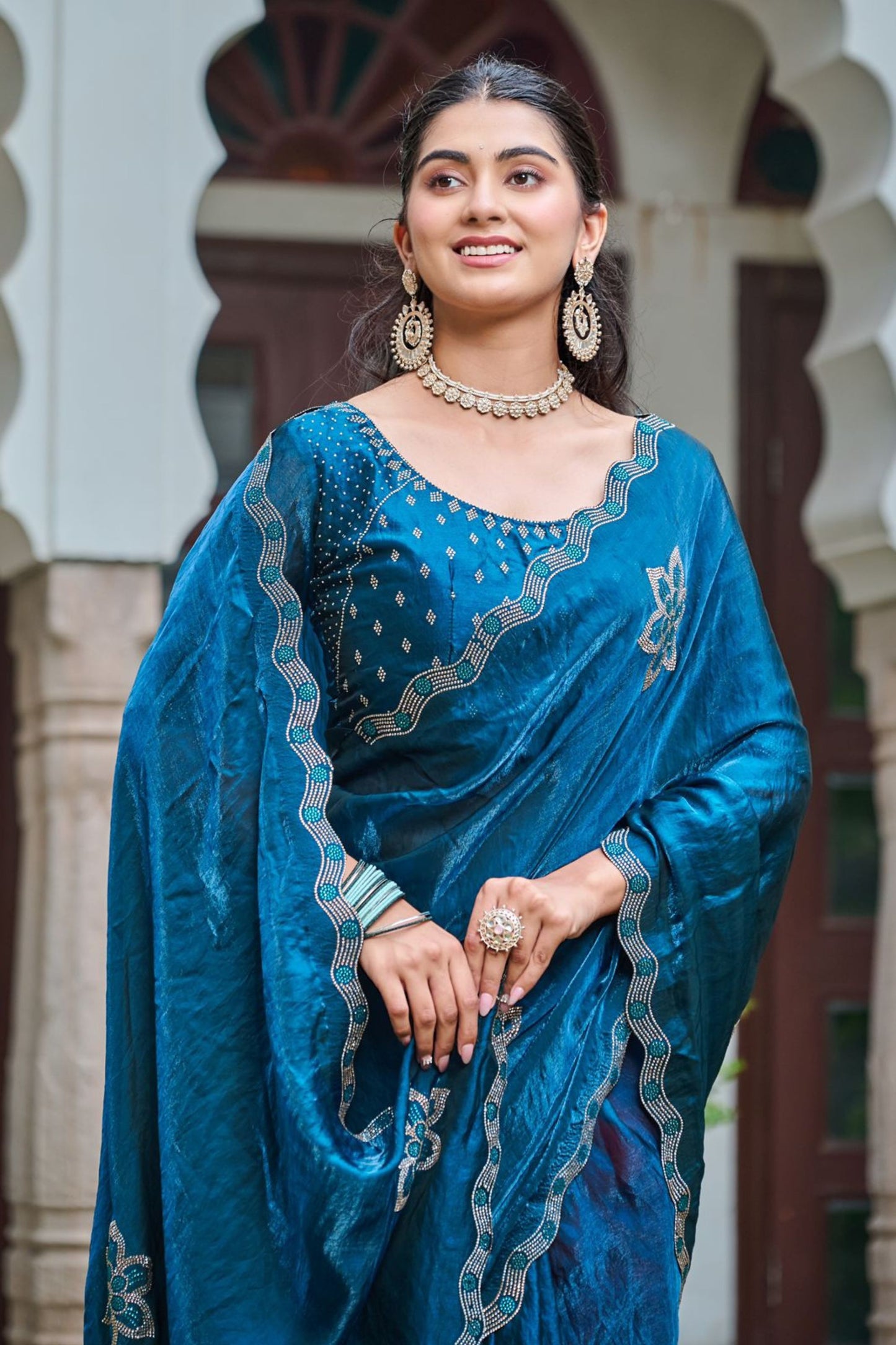 Teal Blue Silk Saree Motifs Designer Border Elegant Party Wear Saree
