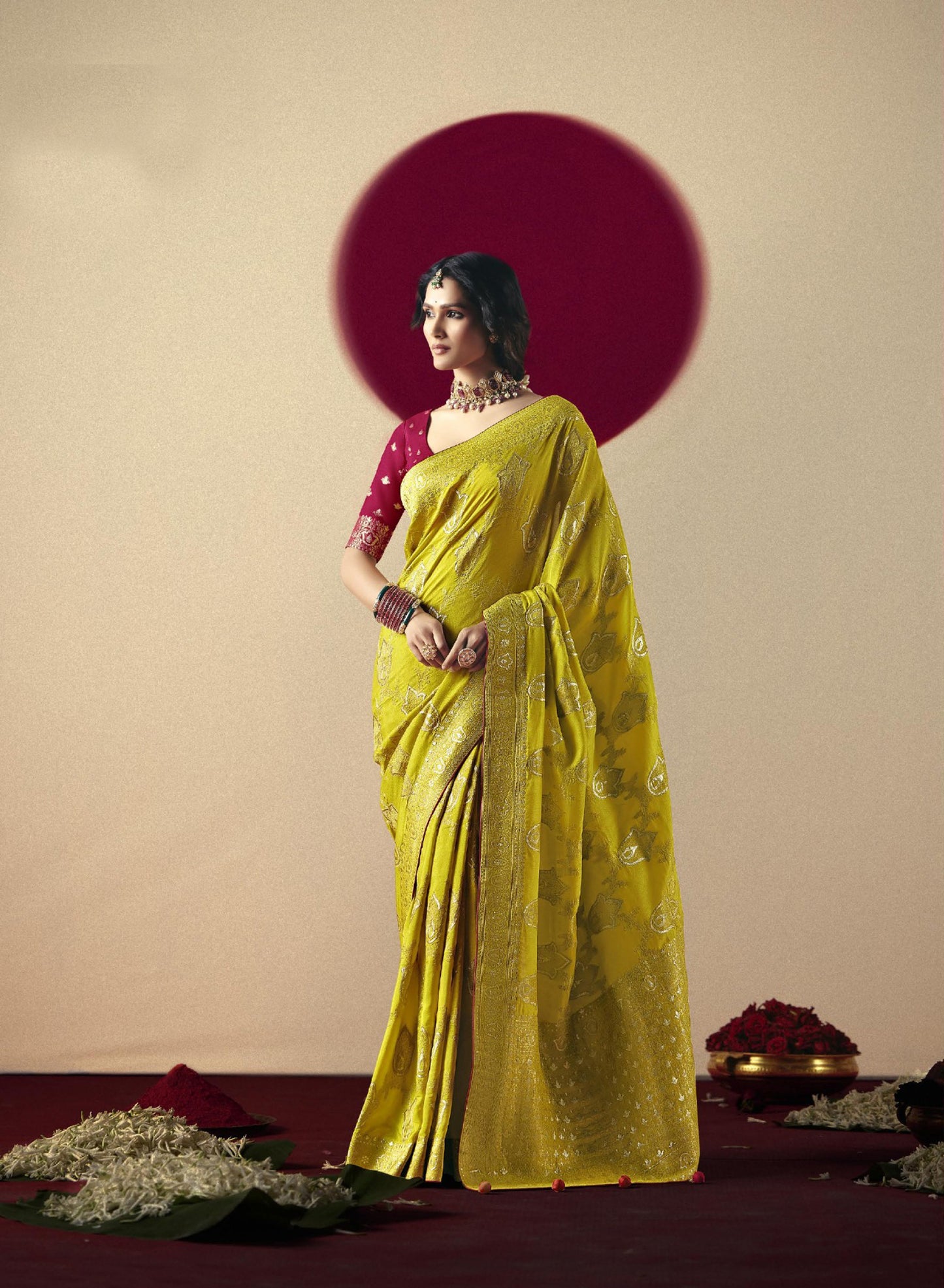 Yellow Banarasi Silk Saree Contrast Red Blouse Festive Wear