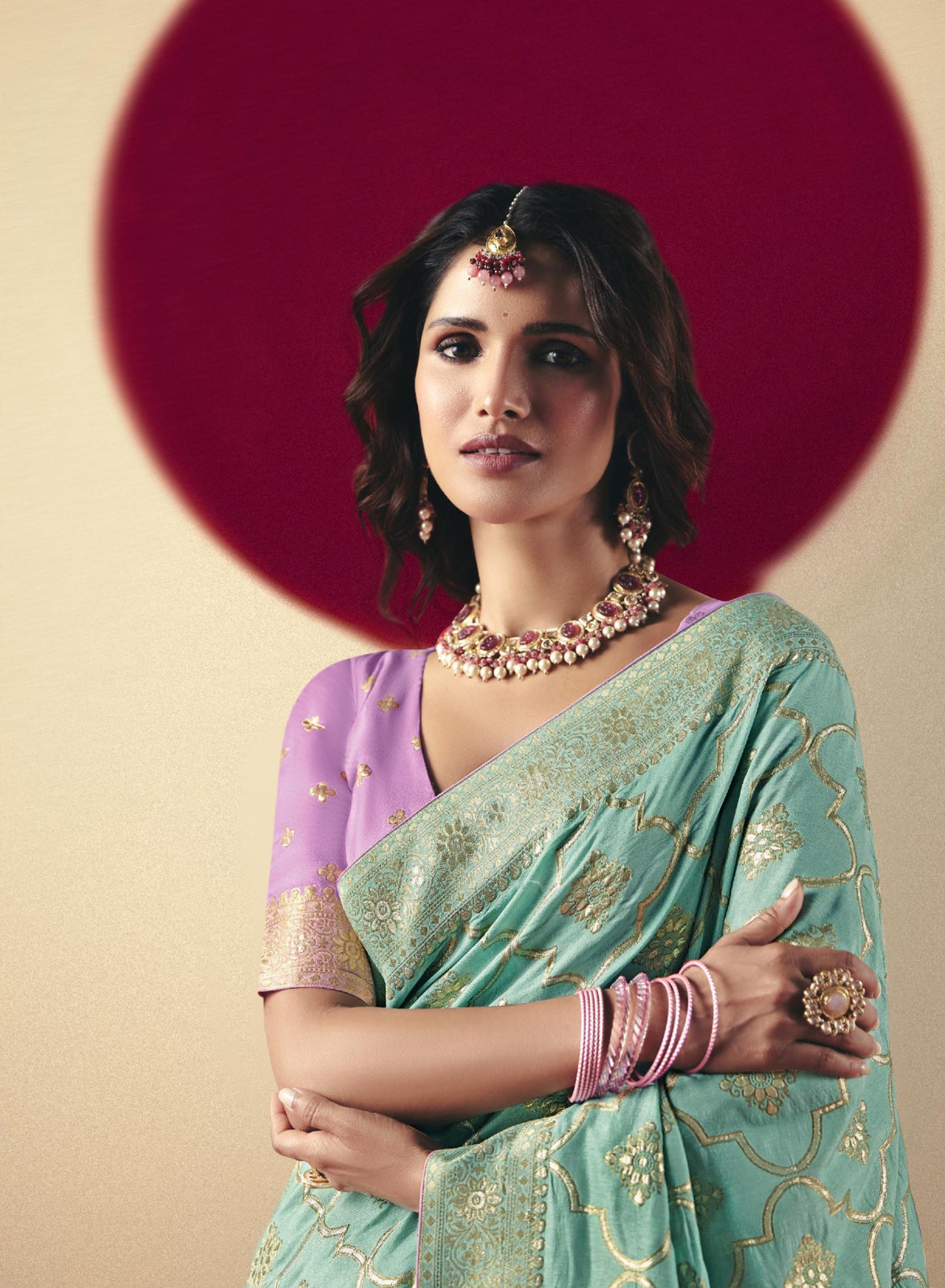 Stylish Sky Blue Banarasi Silk Saree Contrast Purple Blouse Festive Wear