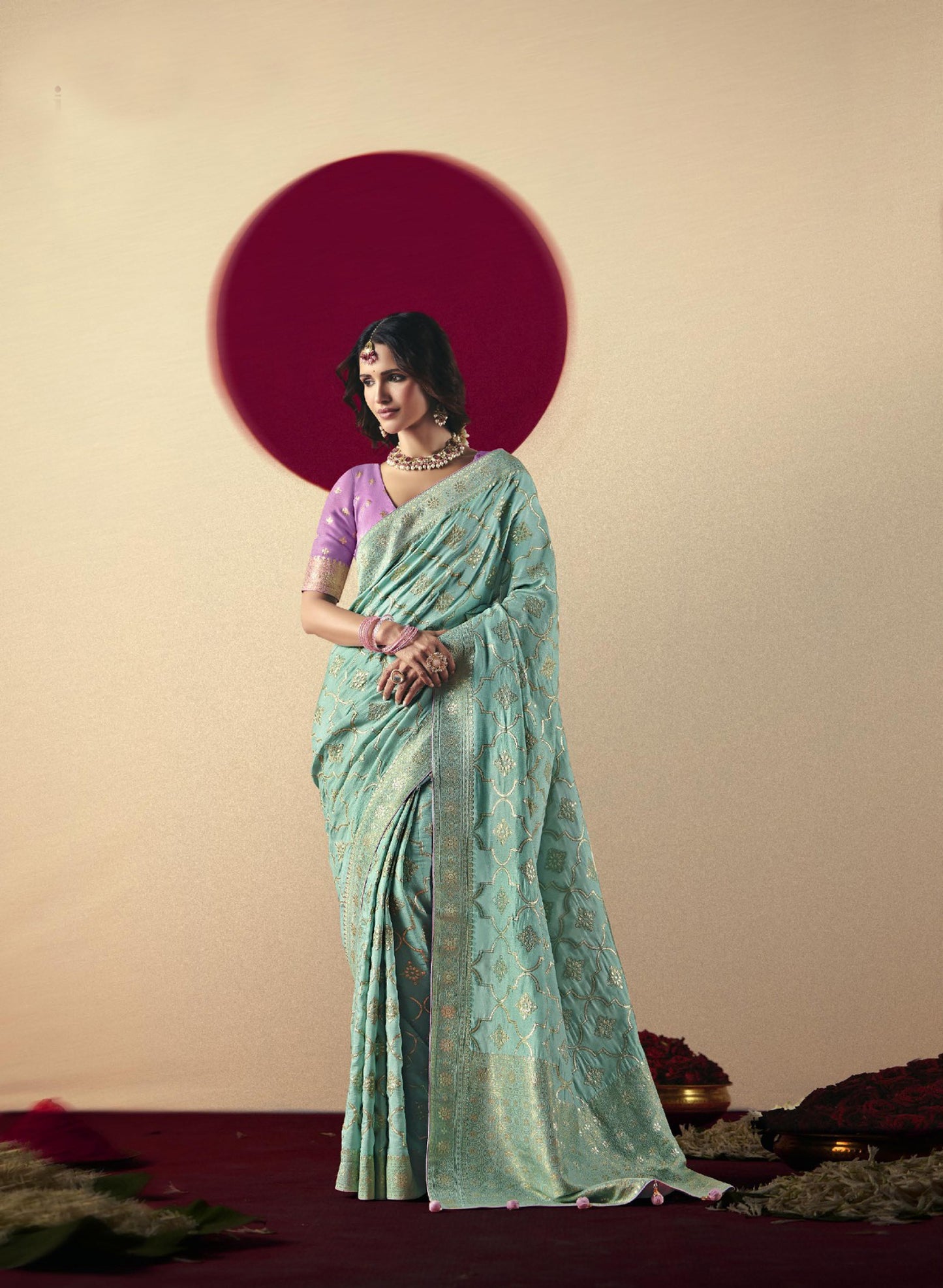 Stylish Sky Blue Banarasi Silk Saree Contrast Purple Blouse Festive Wear