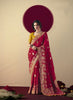 Designer Red Banarasi Silk Saree Contrast Mustard Blouse Festive Wear