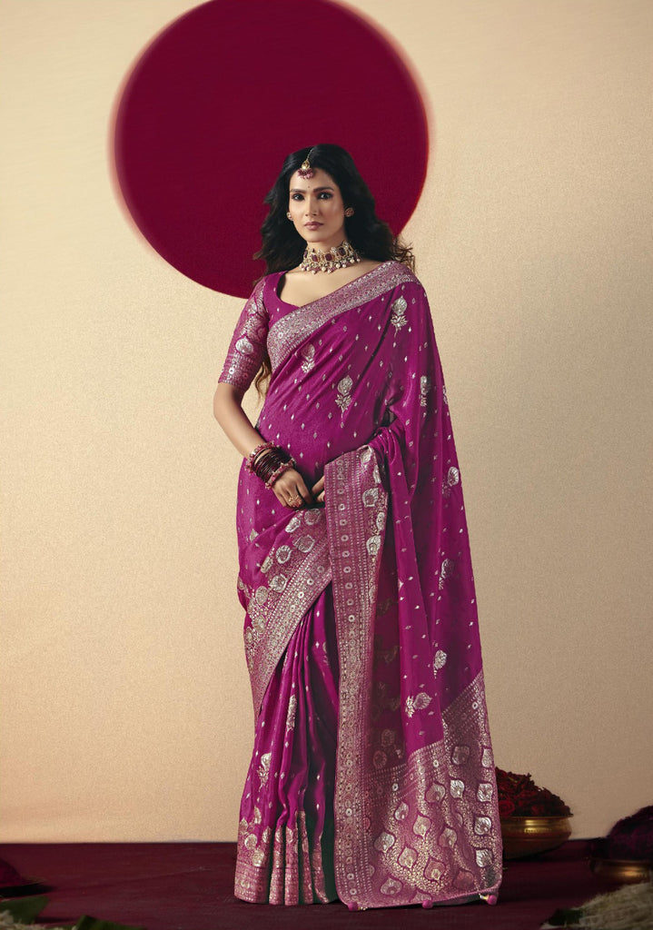 Designer Magenta Banarasi Silk Saree with Silver Rich Pallu