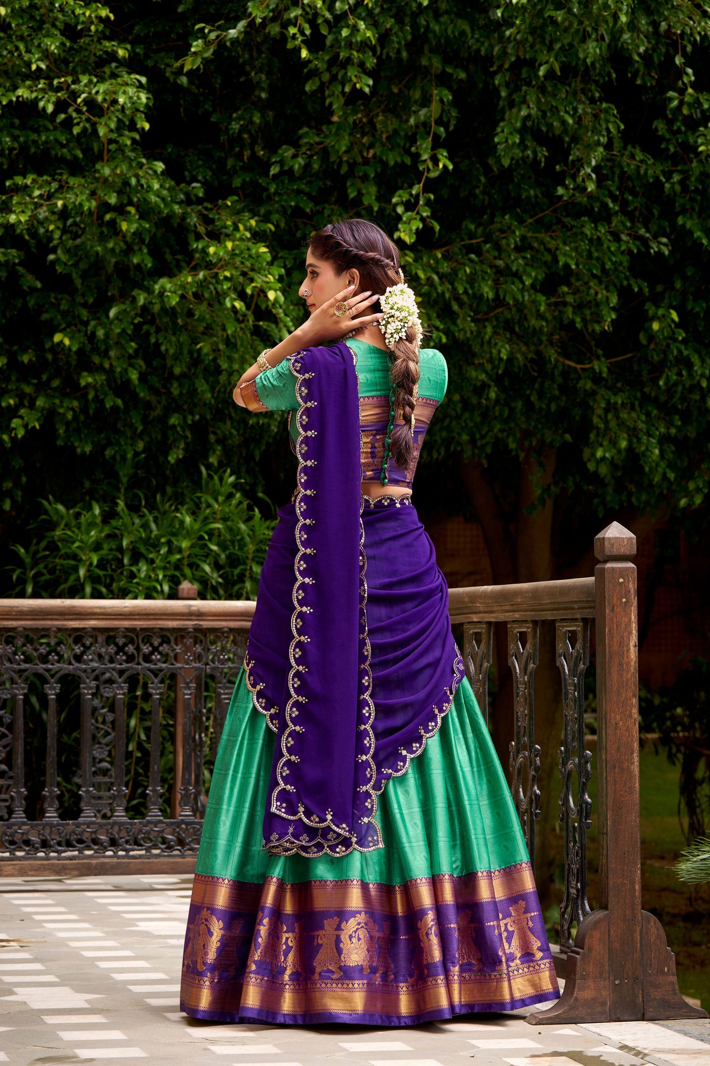 Traditional Rama Green Poly Cotton Lehenga Choli with Golden Zari Border and Embroidered Dupatta