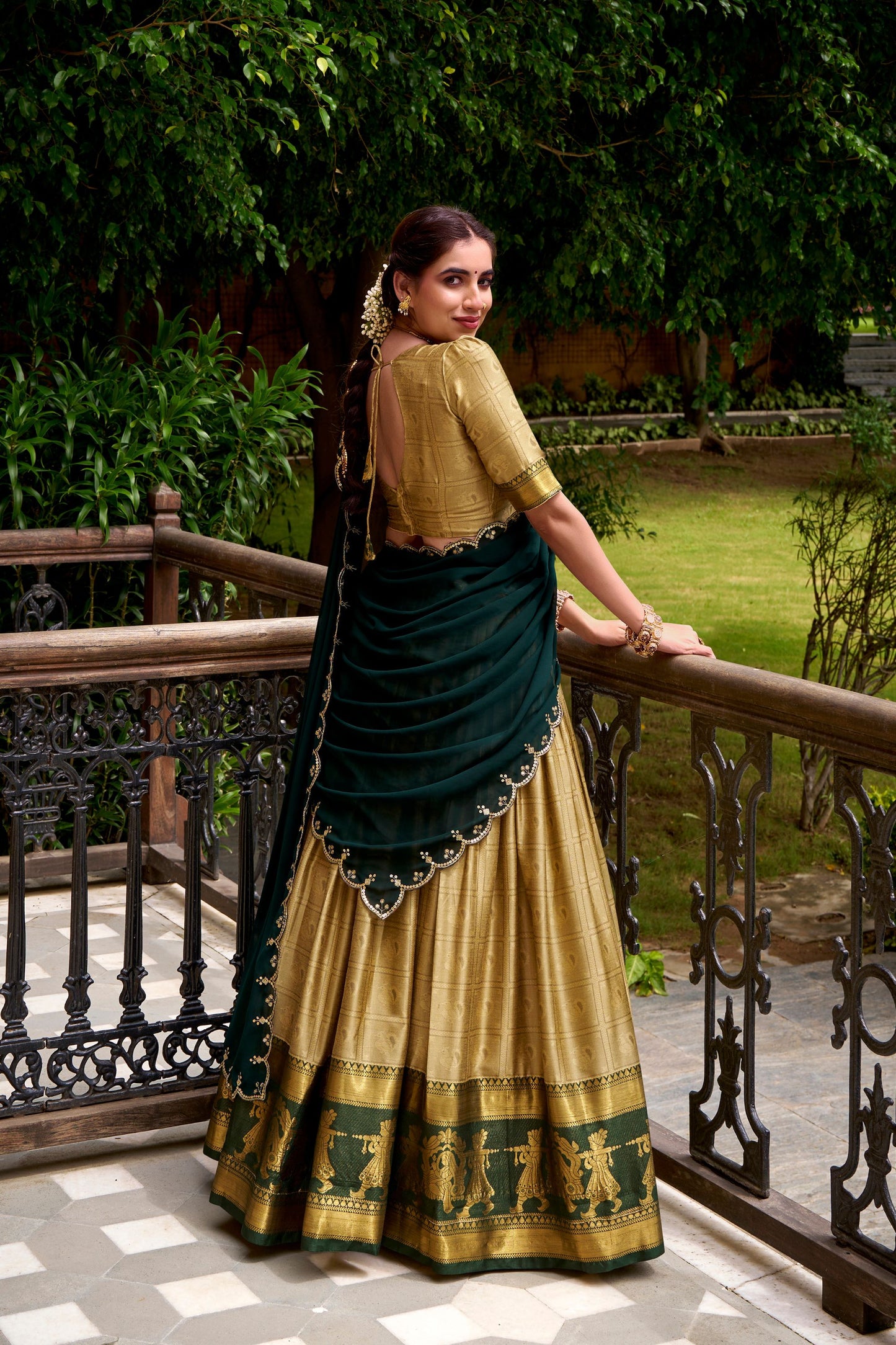 Graceful Golden Poly Cotton Lehenga Choli with Zari Border and Embroidered Dupatta