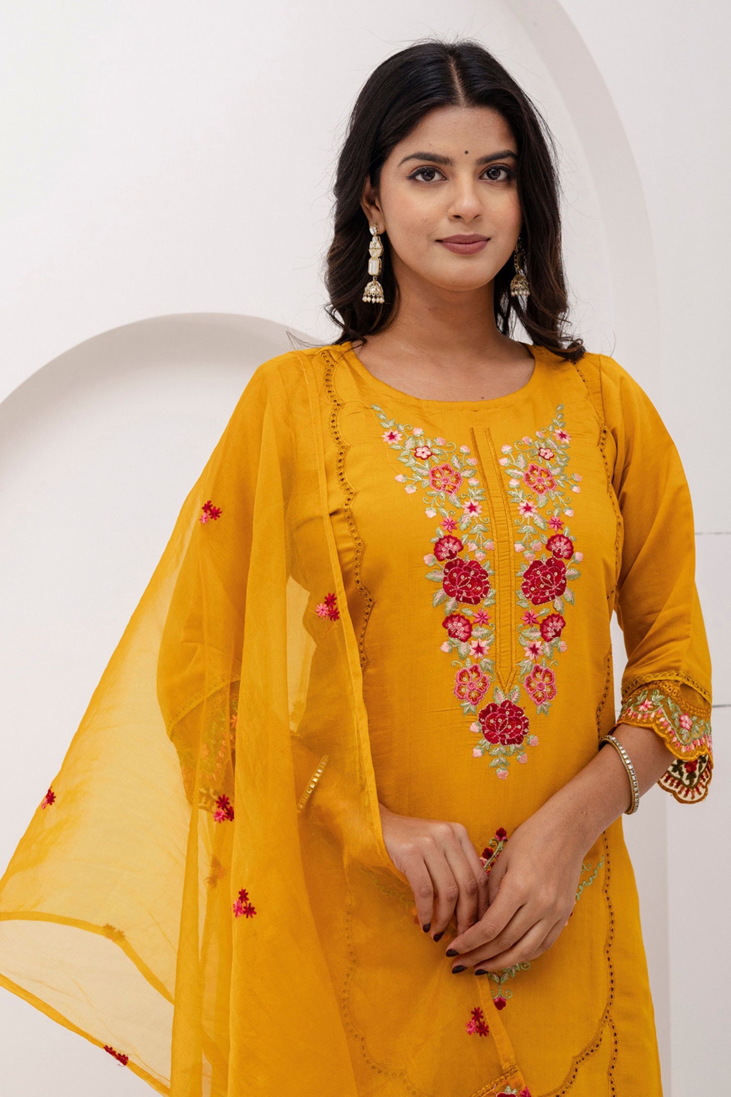 Radiant Mustard Yellow Viscose Silk Embroidered Salwar Suit with Floral Dupatta