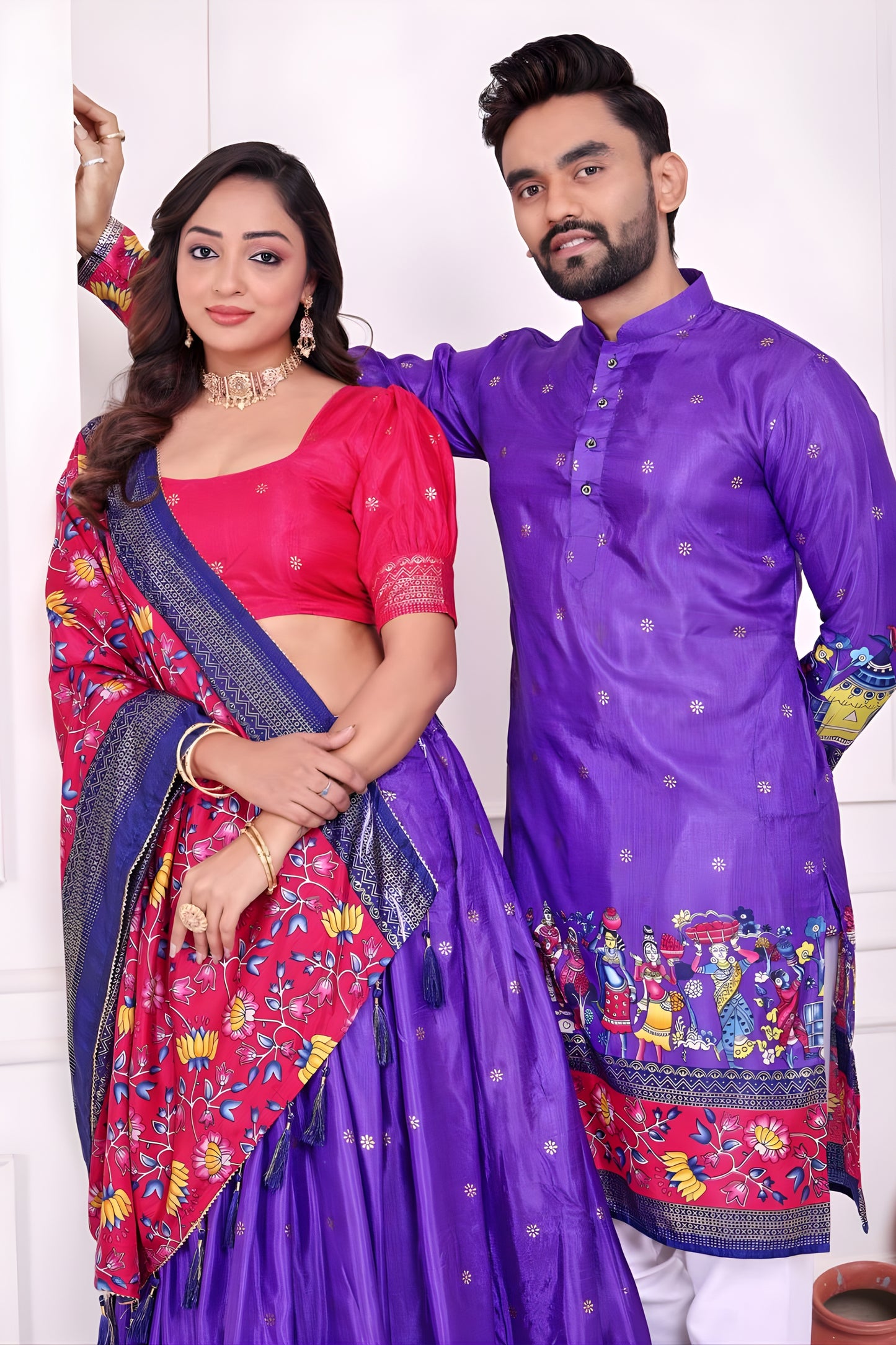 Vibrant Purple and Pink Traditional Couple Outfit Set with Printed Lehenga and Matching Kurta